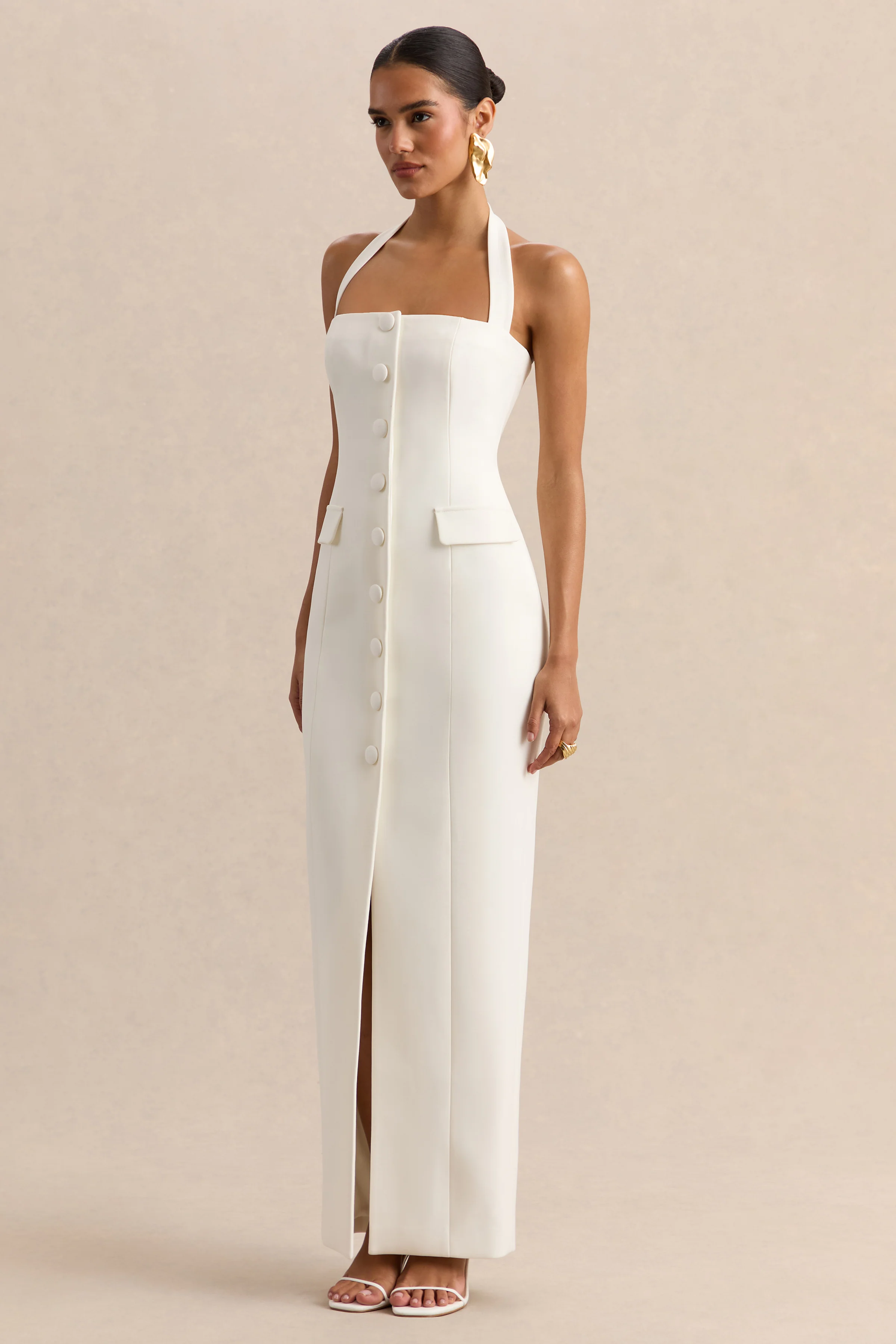 Steph | White Halter-Neck Tailored Maxi Dress - Image 4