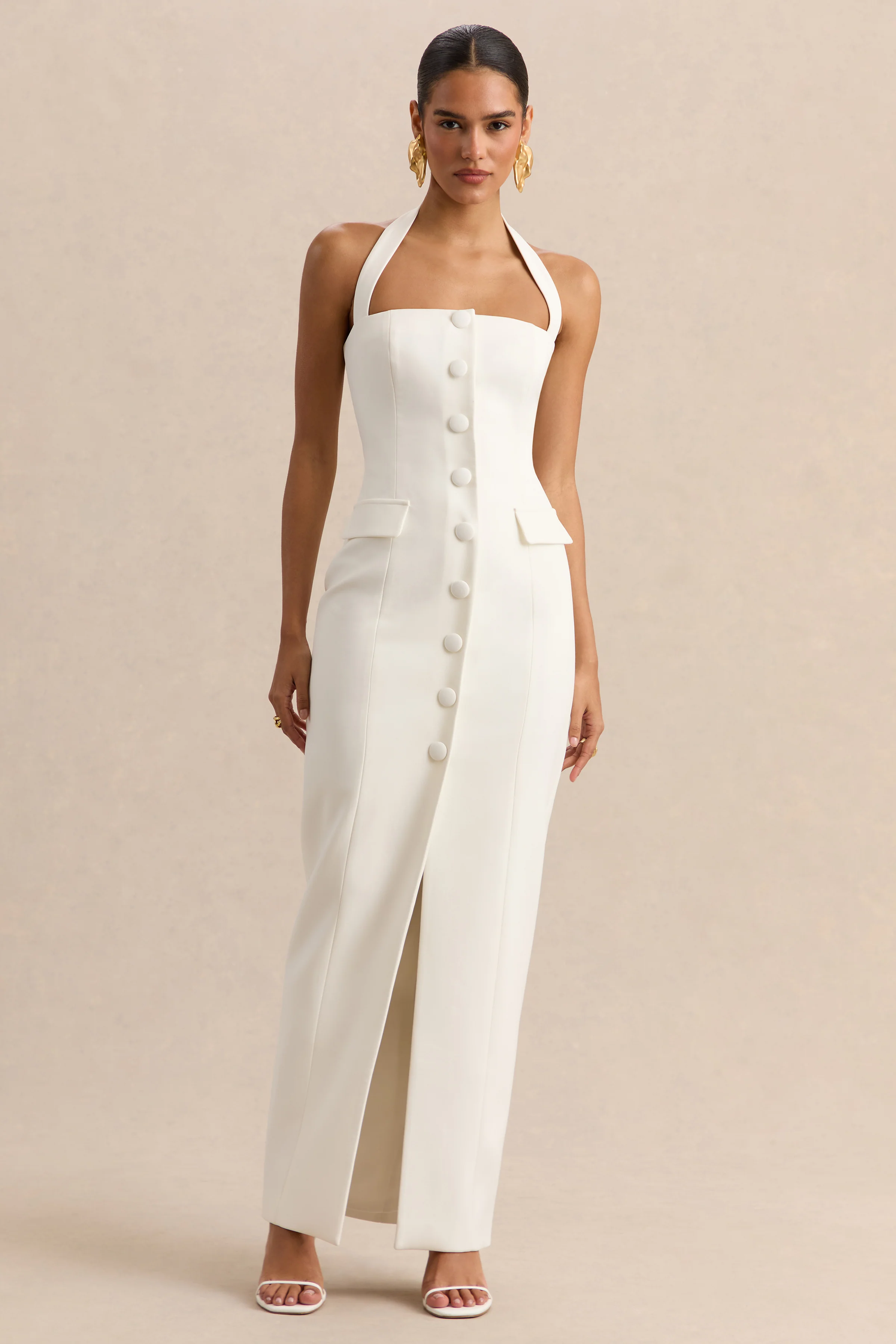 Steph | White Halter-Neck Tailored Maxi Dress - Image 5