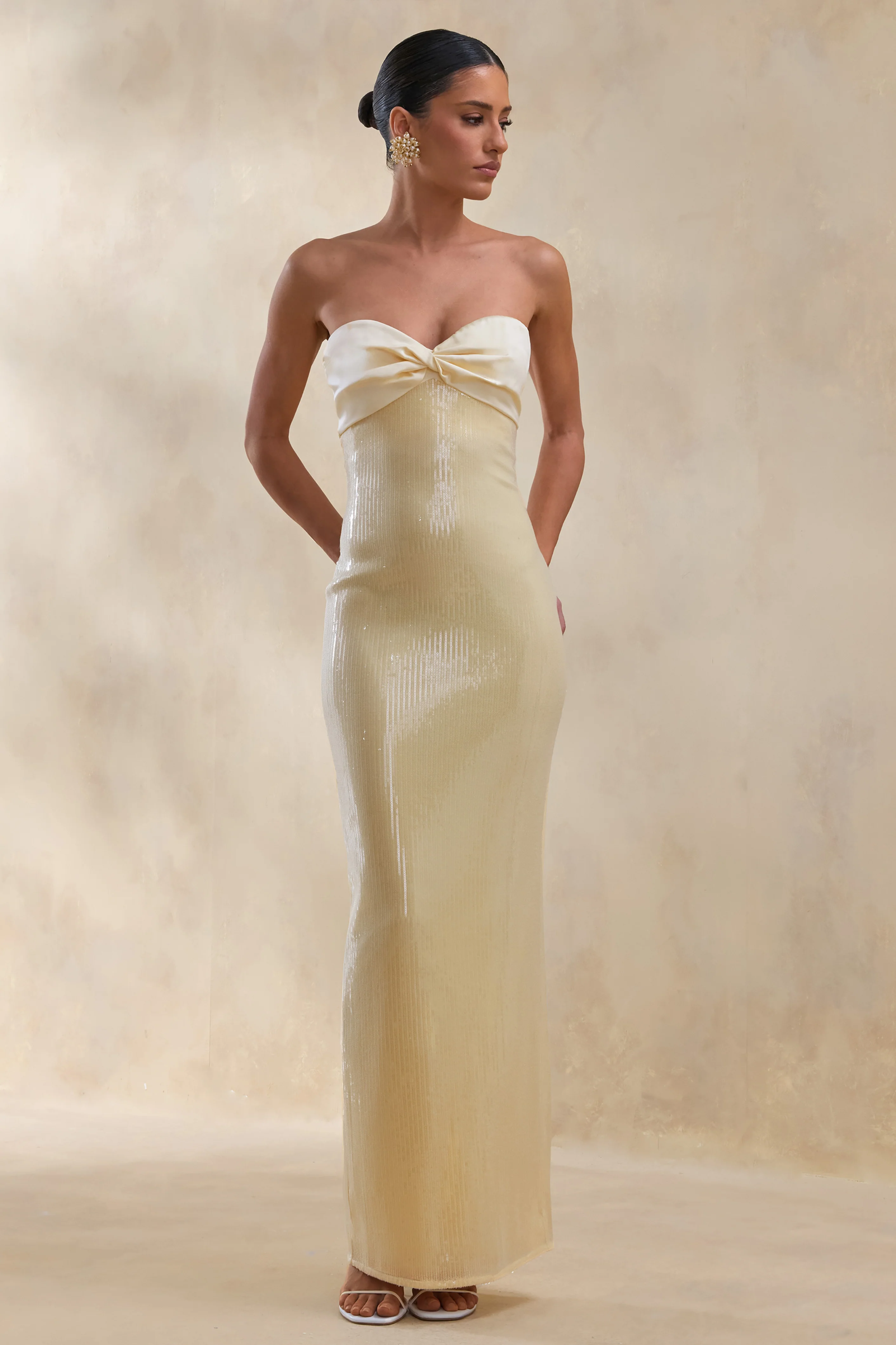 Stephanie | Lemon Sequin Bandeau Maxi Dress With Scarf - Image 4