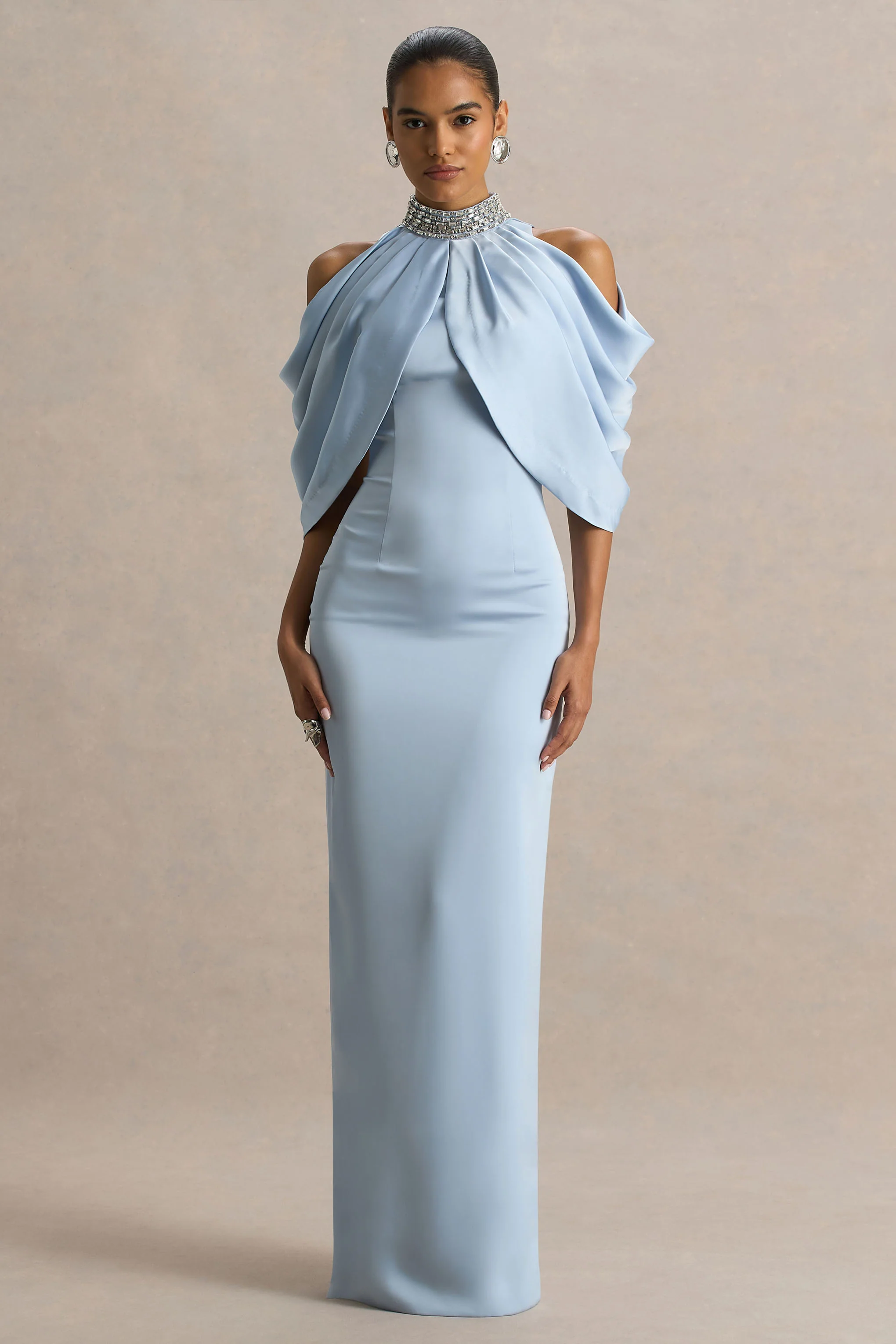 Sulliana | Powder Blue Satin High-Neck Maxi Dress With Embellished Detail And Cape Sleeves - Image 4