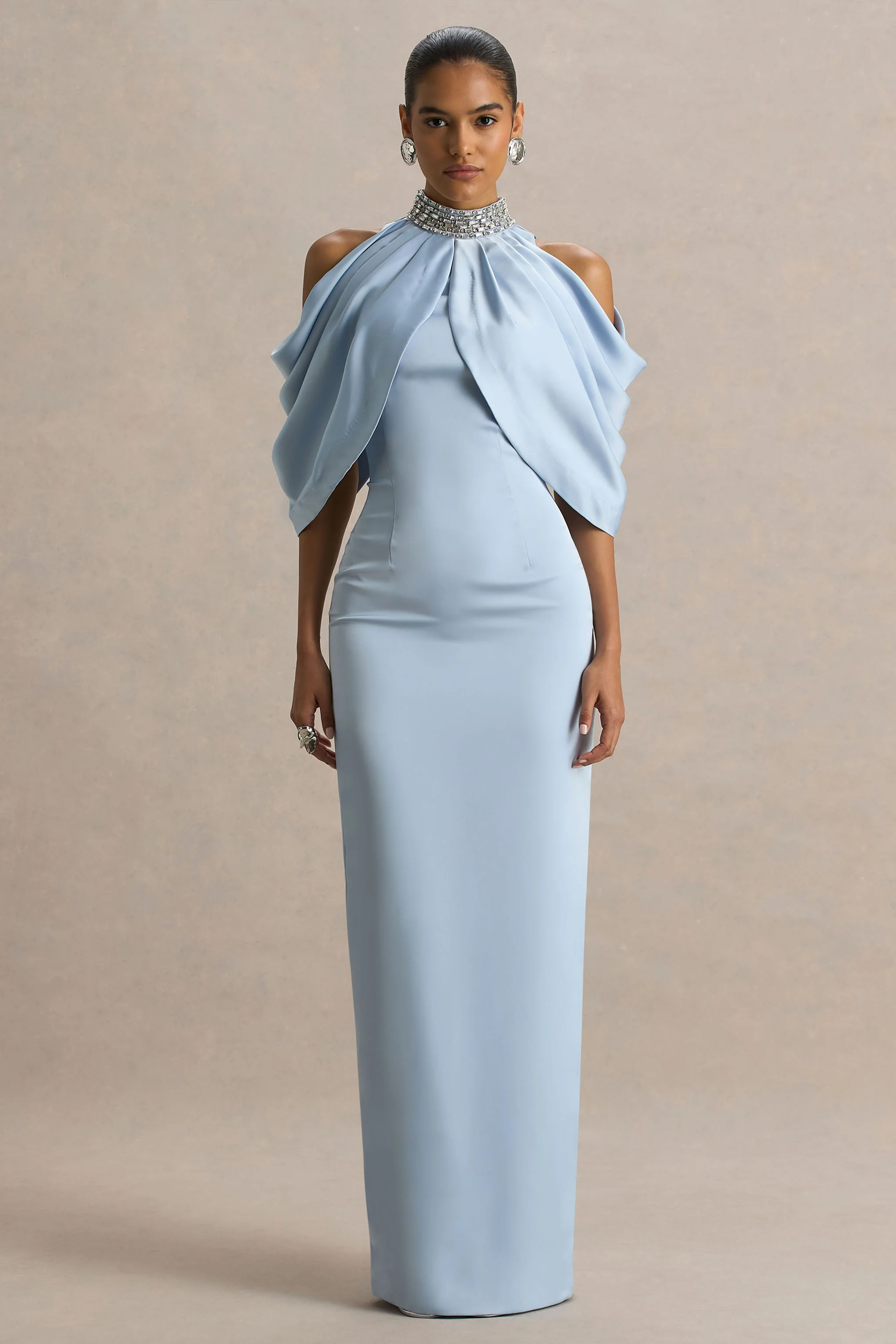 Sulliana | Powder Blue Satin High-Neck Maxi Dress With Embellished Detail And Cape Sleeves - Image 5