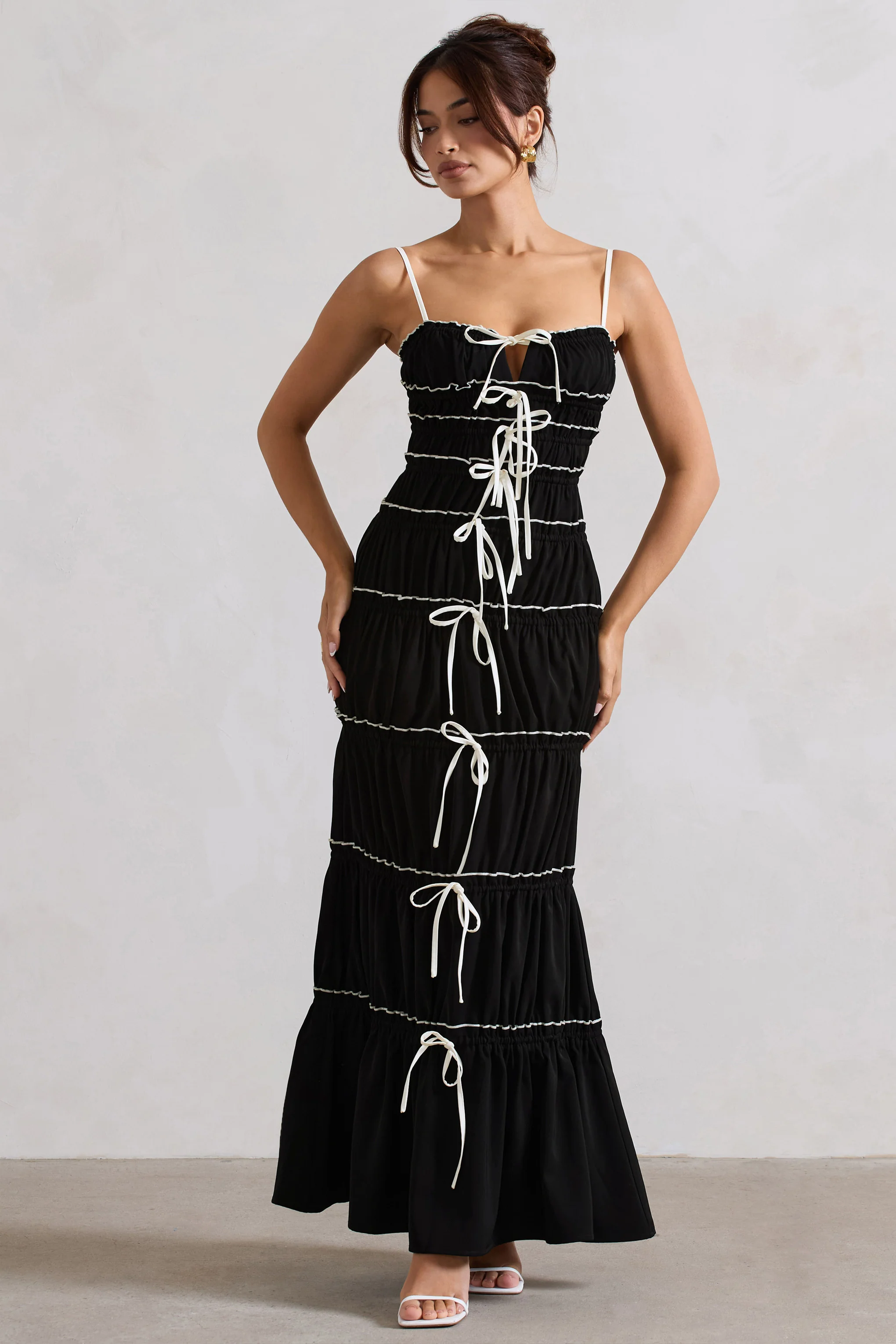 Summer Breeze | Black Strappy Gathered Tiered Maxi Dress - Image 4
