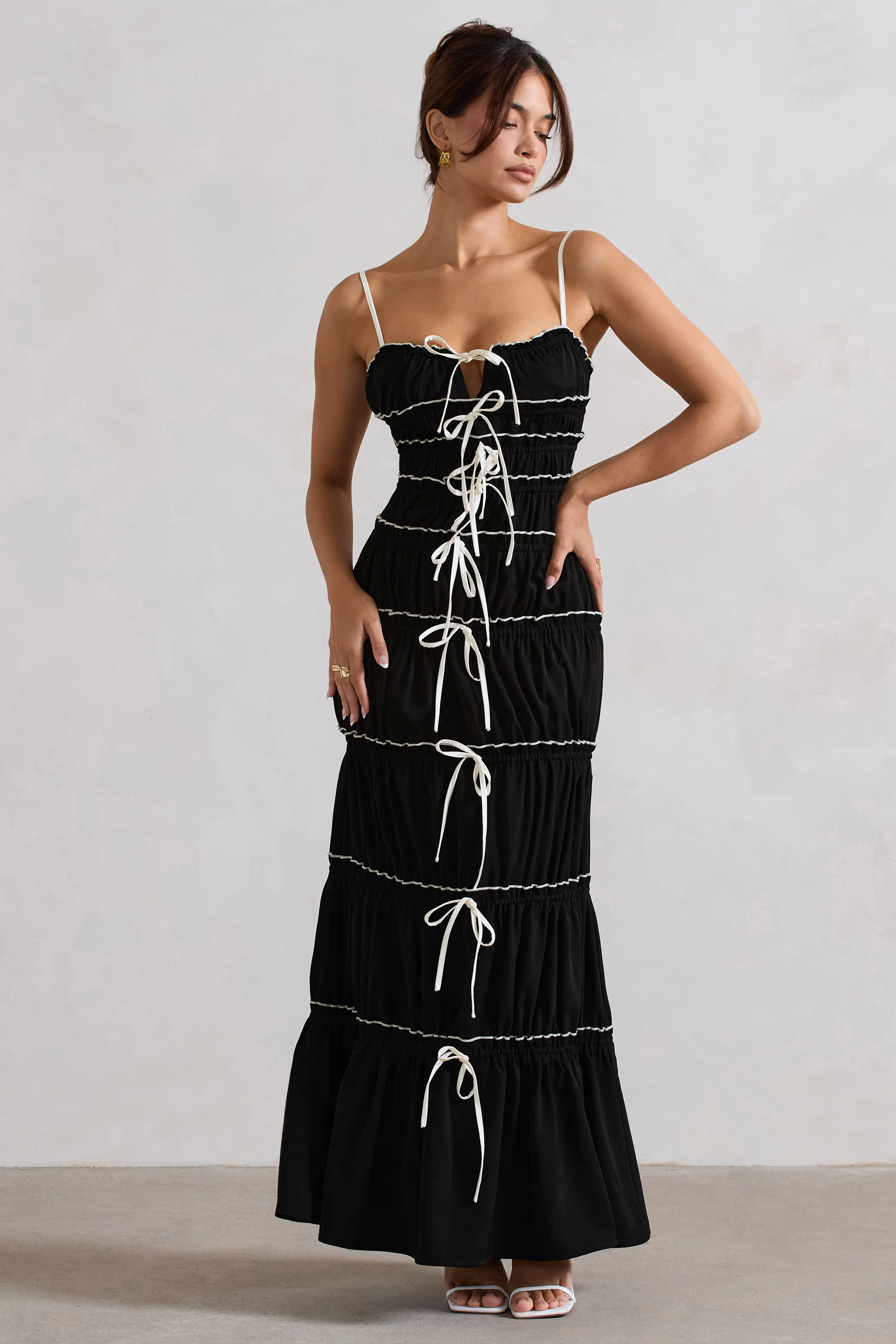 Summer Breeze | Black Strappy Gathered Tiered Maxi Dress - Image 5