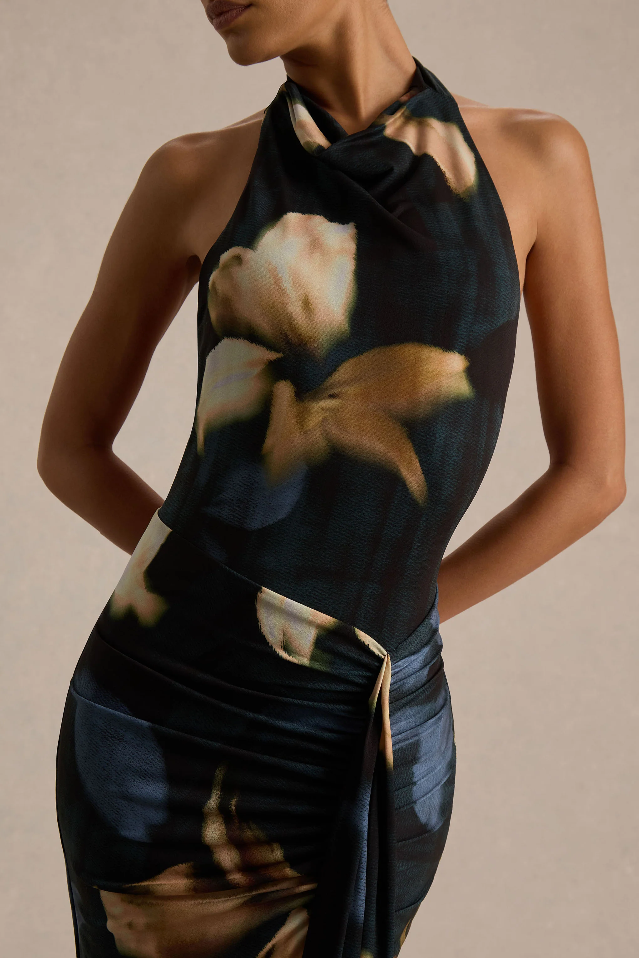Sunflower | Dark Lily Print High-Neck Maxi Dress With Front-High Split - Image 3