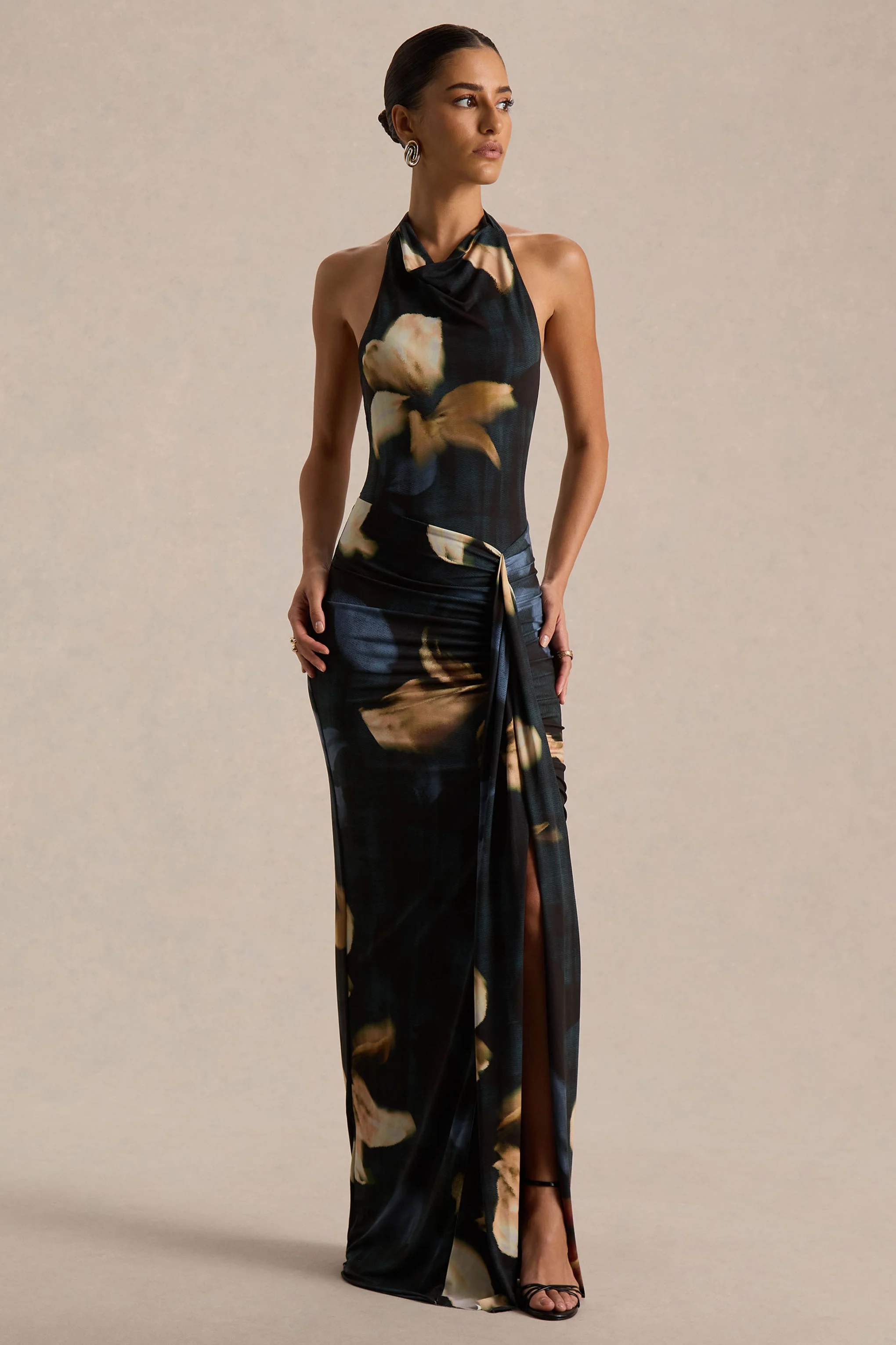 Sunflower | Dark Lily Print High-Neck Maxi Dress With Front-High Split - Image 4