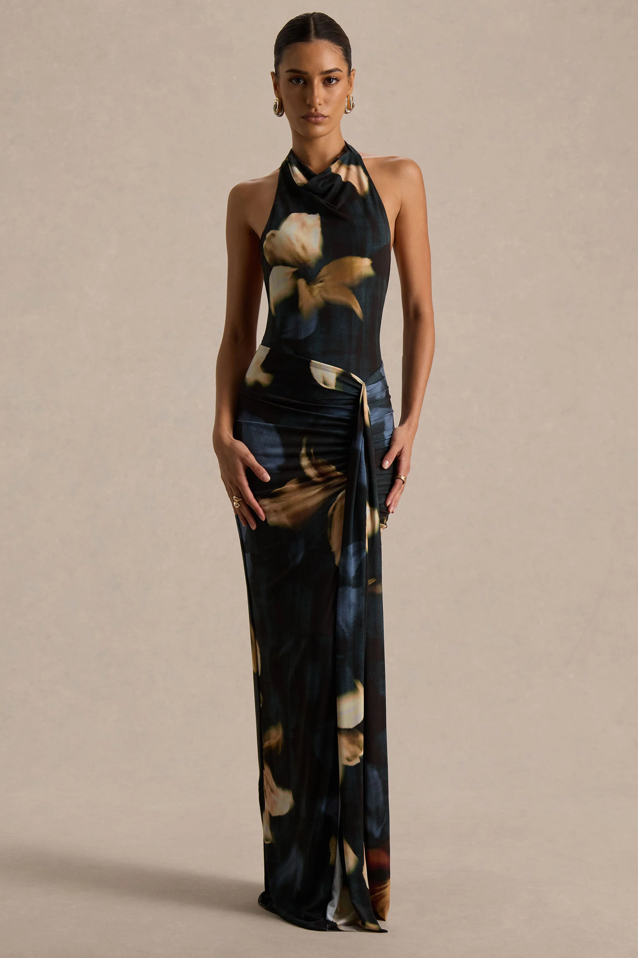 Sunflower | Dark Lily Print High-Neck Maxi Dress With Front-High Split - Image 5