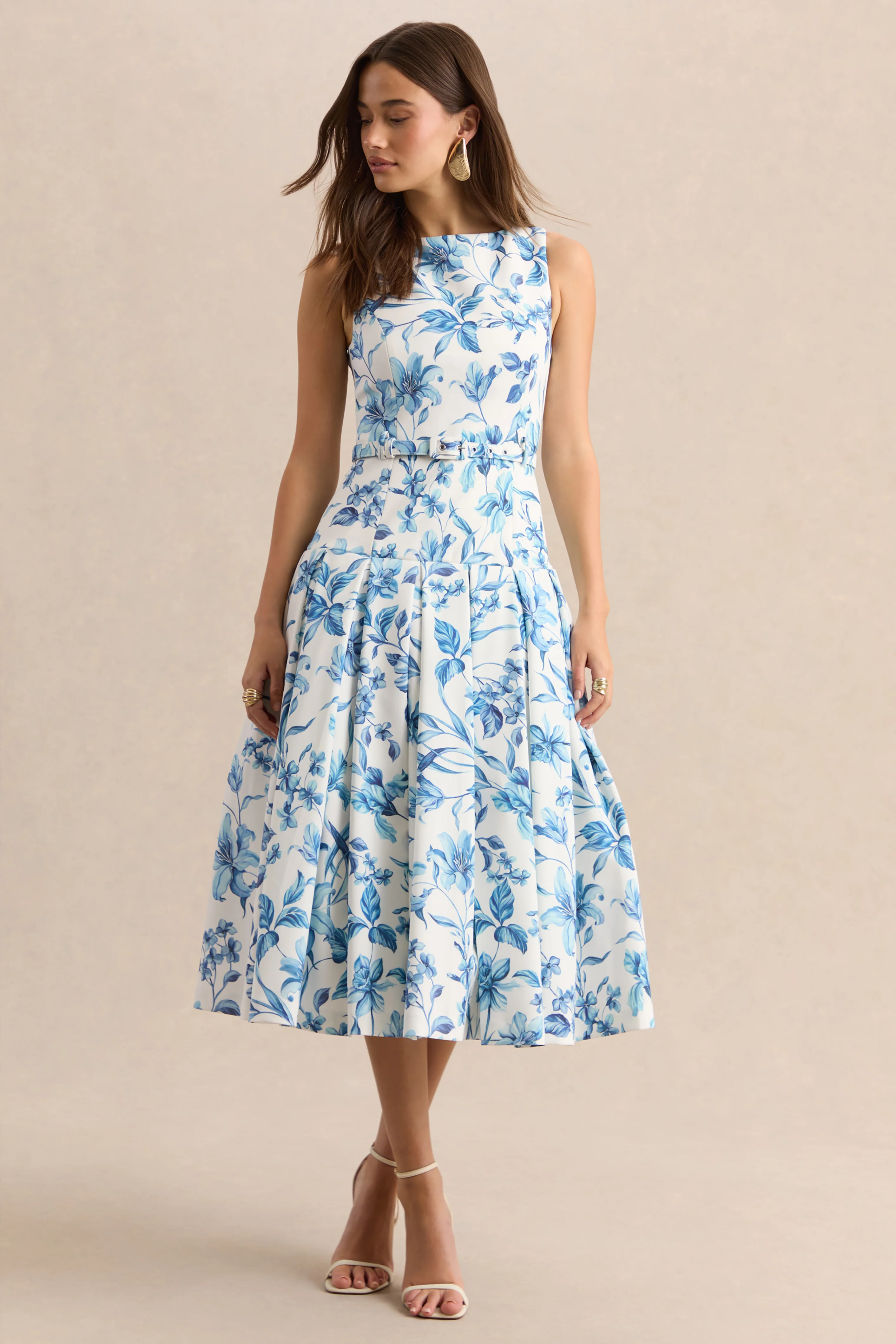Sunnira | Blue Porcelain Print Boat-Neck Midi Dress With Drop-Waist - Image 4