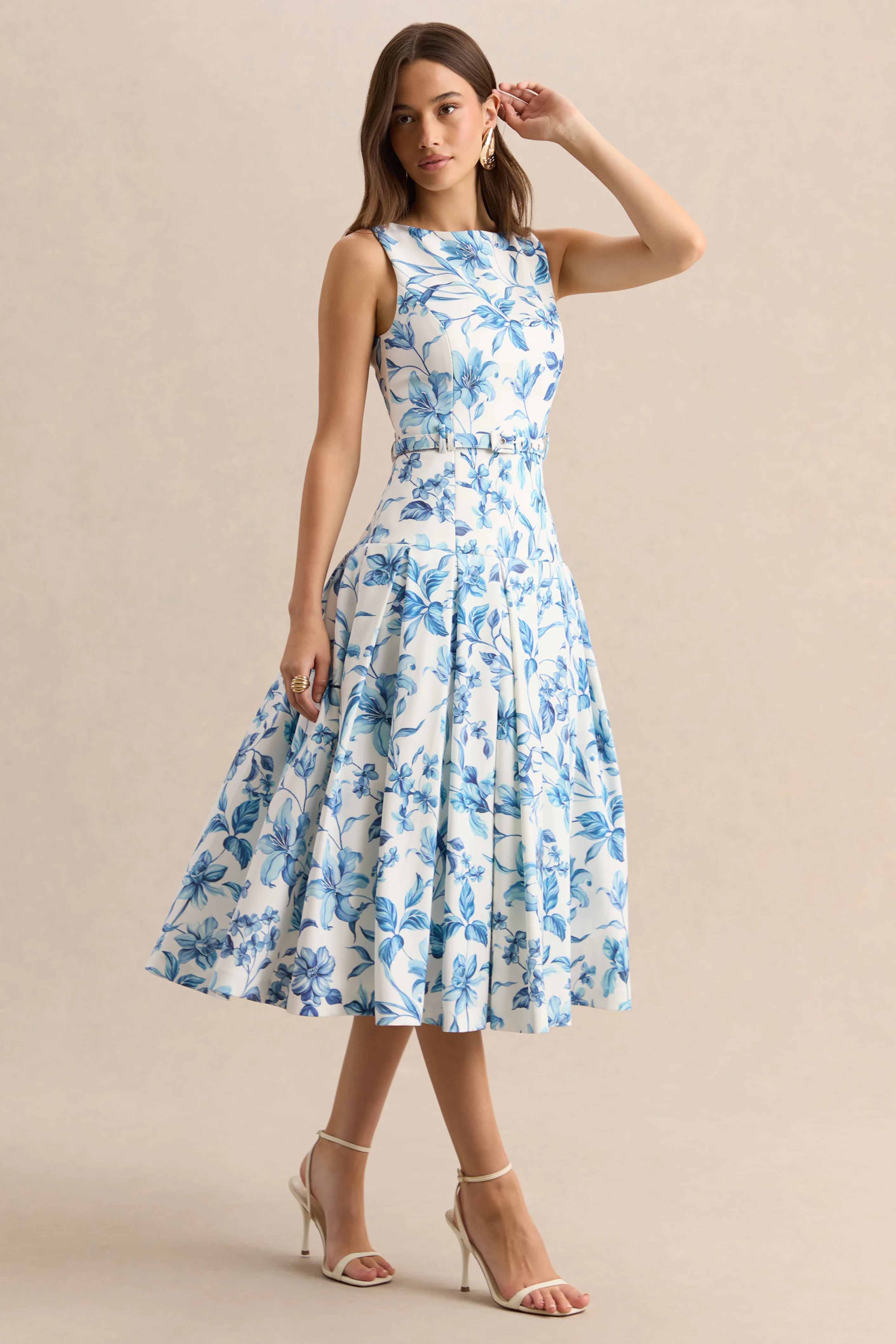 Sunnira | Blue Porcelain Print Boat-Neck Midi Dress With Drop-Waist - Image 5