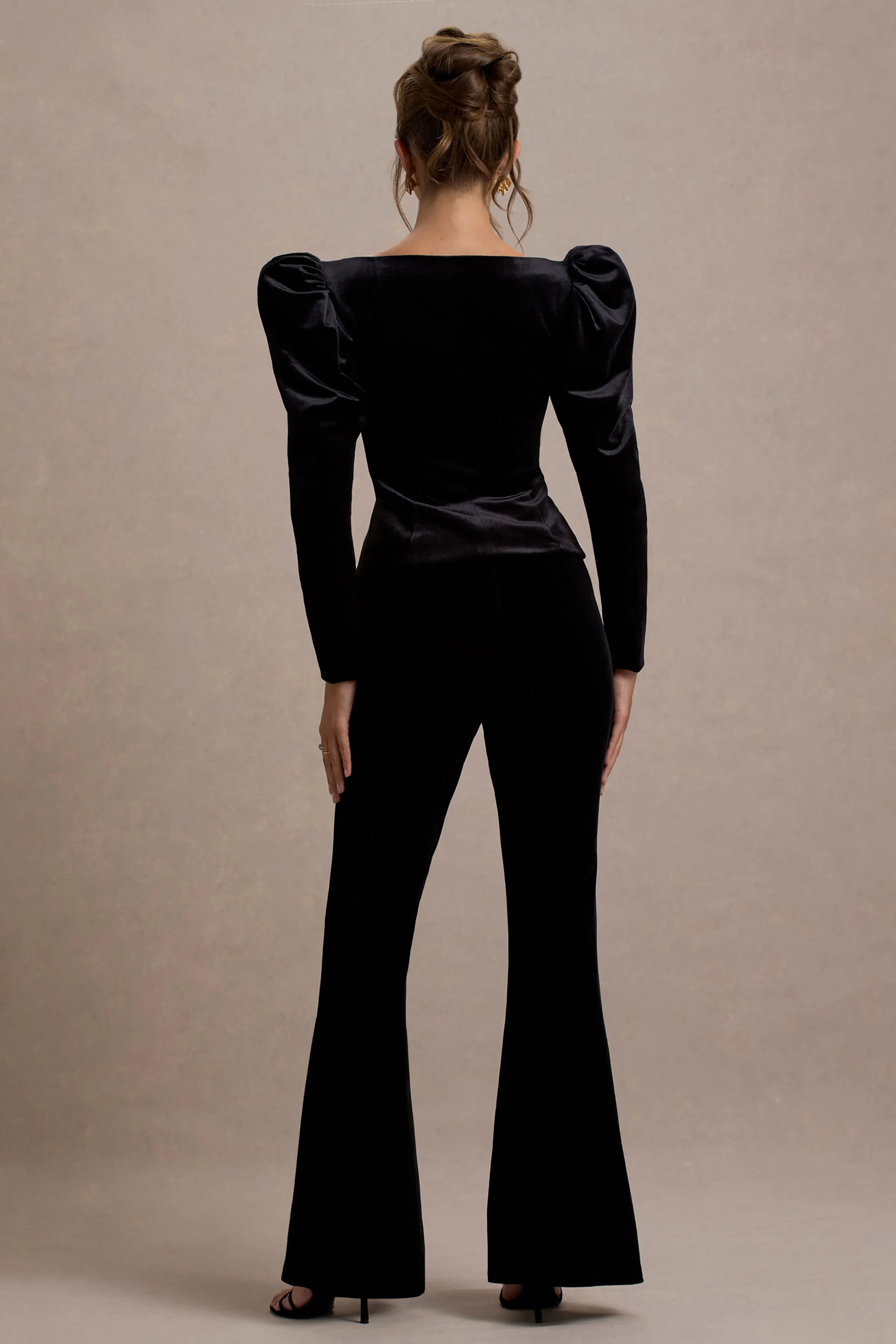 Suzu | Black Velvet Puff-Sleeve Top With Bows - Image 2