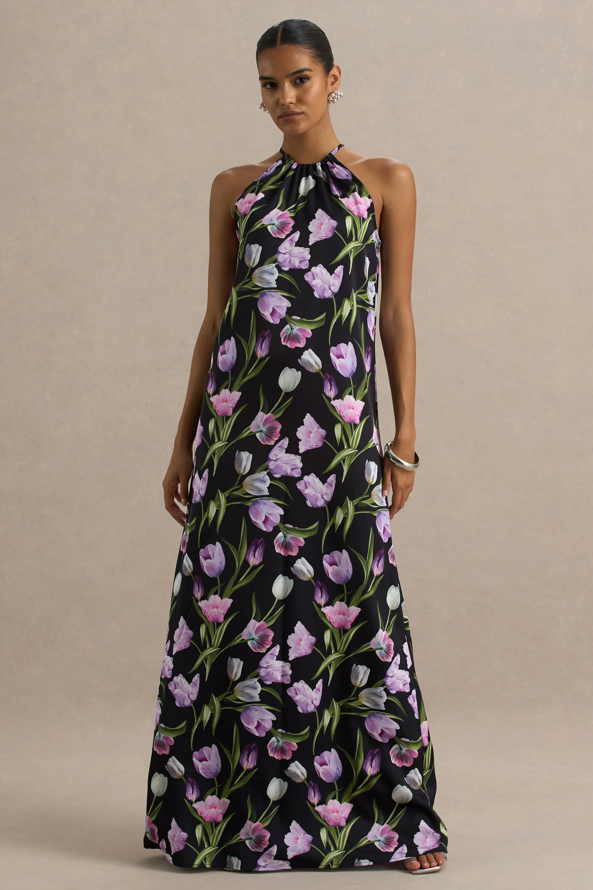 Svana | Black Satin Floral Asymmetric Halter-Neck Maxi Dress - Image 4