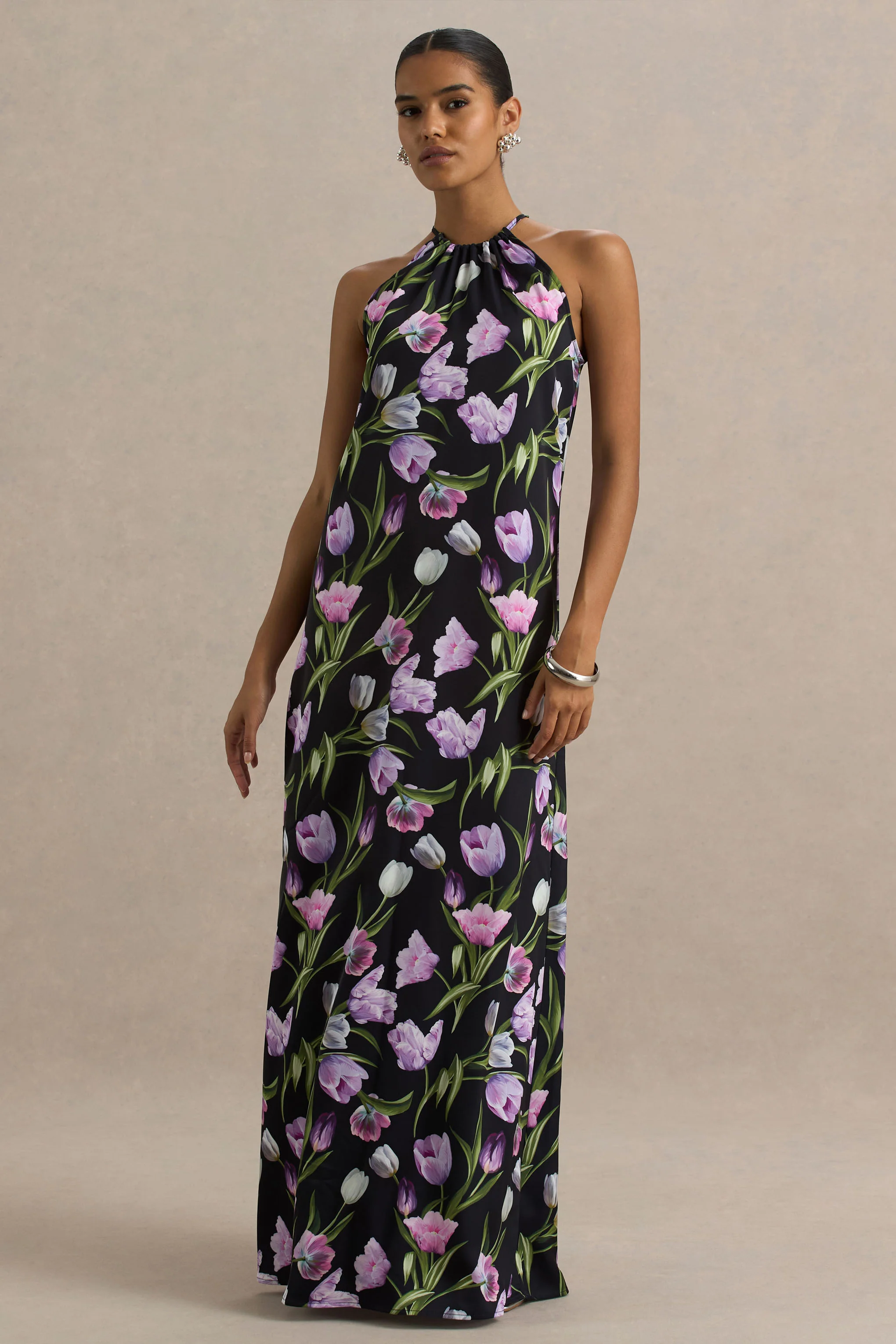 Svana | Black Satin Floral Asymmetric Halter-Neck Maxi Dress - Image 5