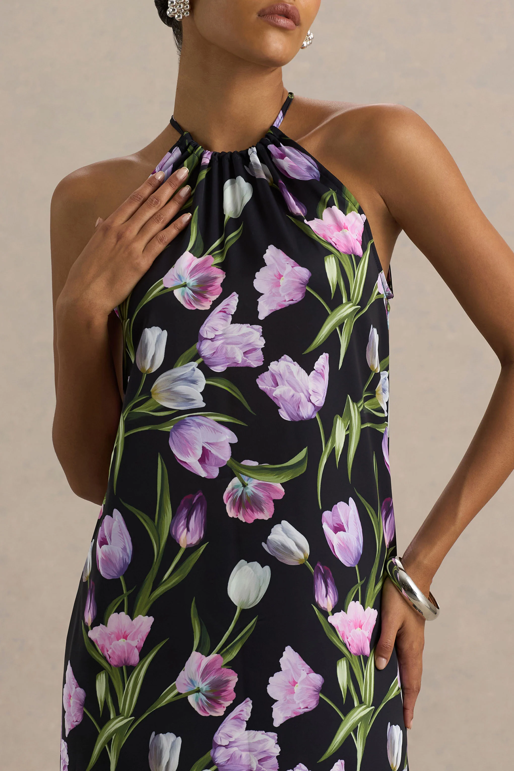 Svana | Black Satin Floral Asymmetric Halter-Neck Maxi Dress - Image 6