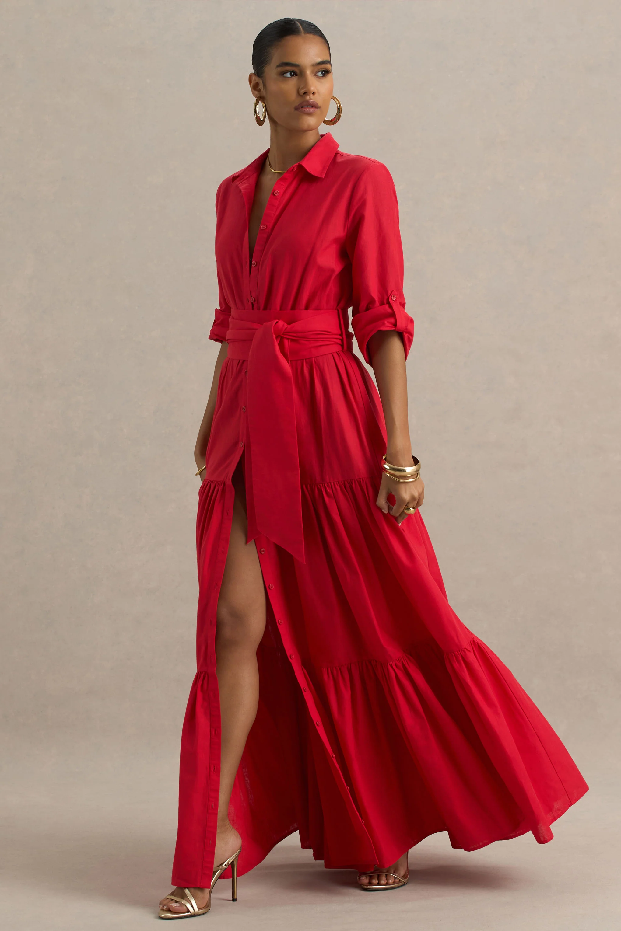 Sydney | Red Belted Maxi Shirt Dress - Image 4