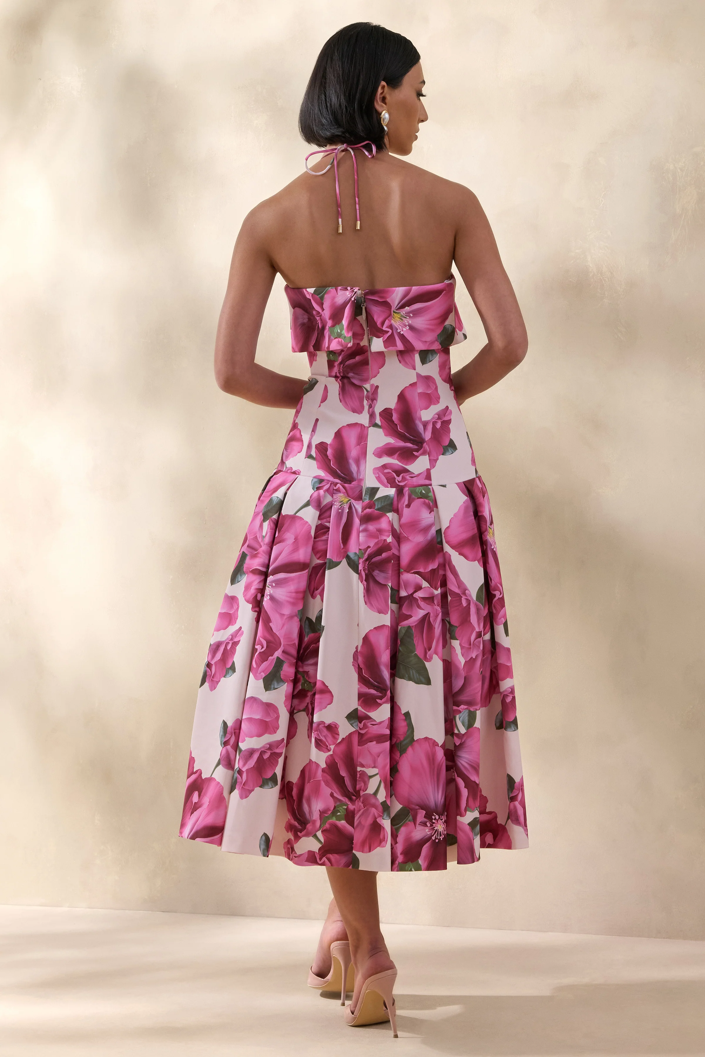 Sylina | Pink Hibiscus Floral Print Square-Neck Midi Dress With Drop Waist - Image 2