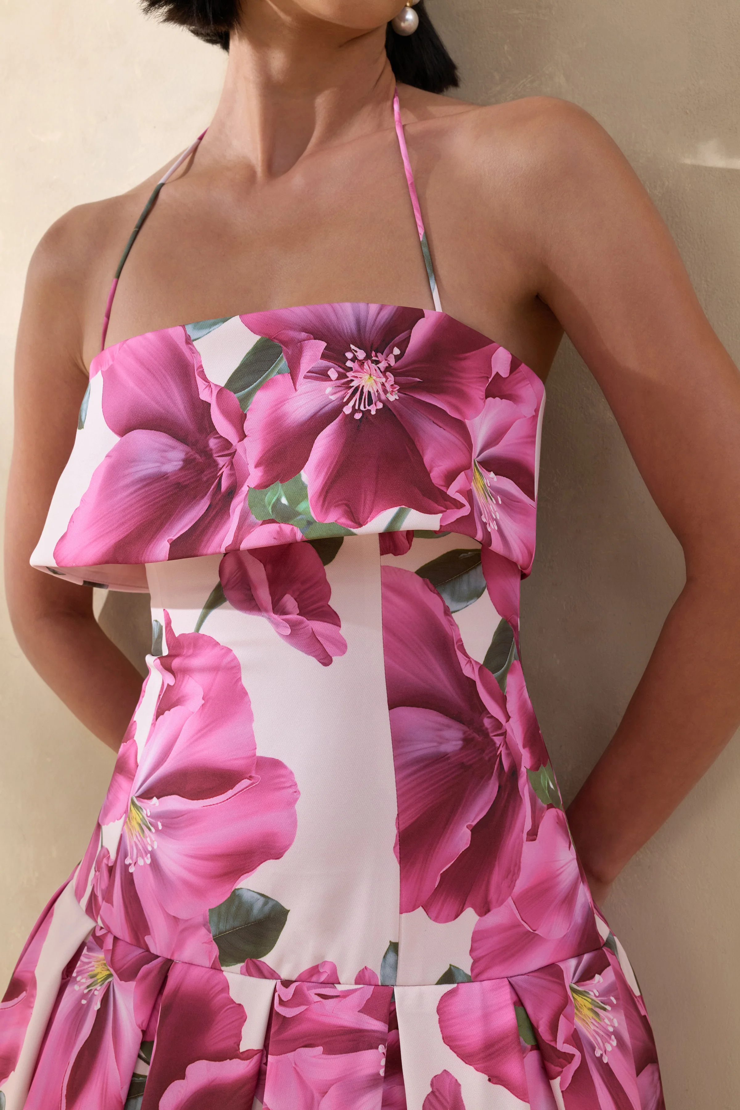 Sylina | Pink Hibiscus Floral Print Square-Neck Midi Dress With Drop Waist - Image 3