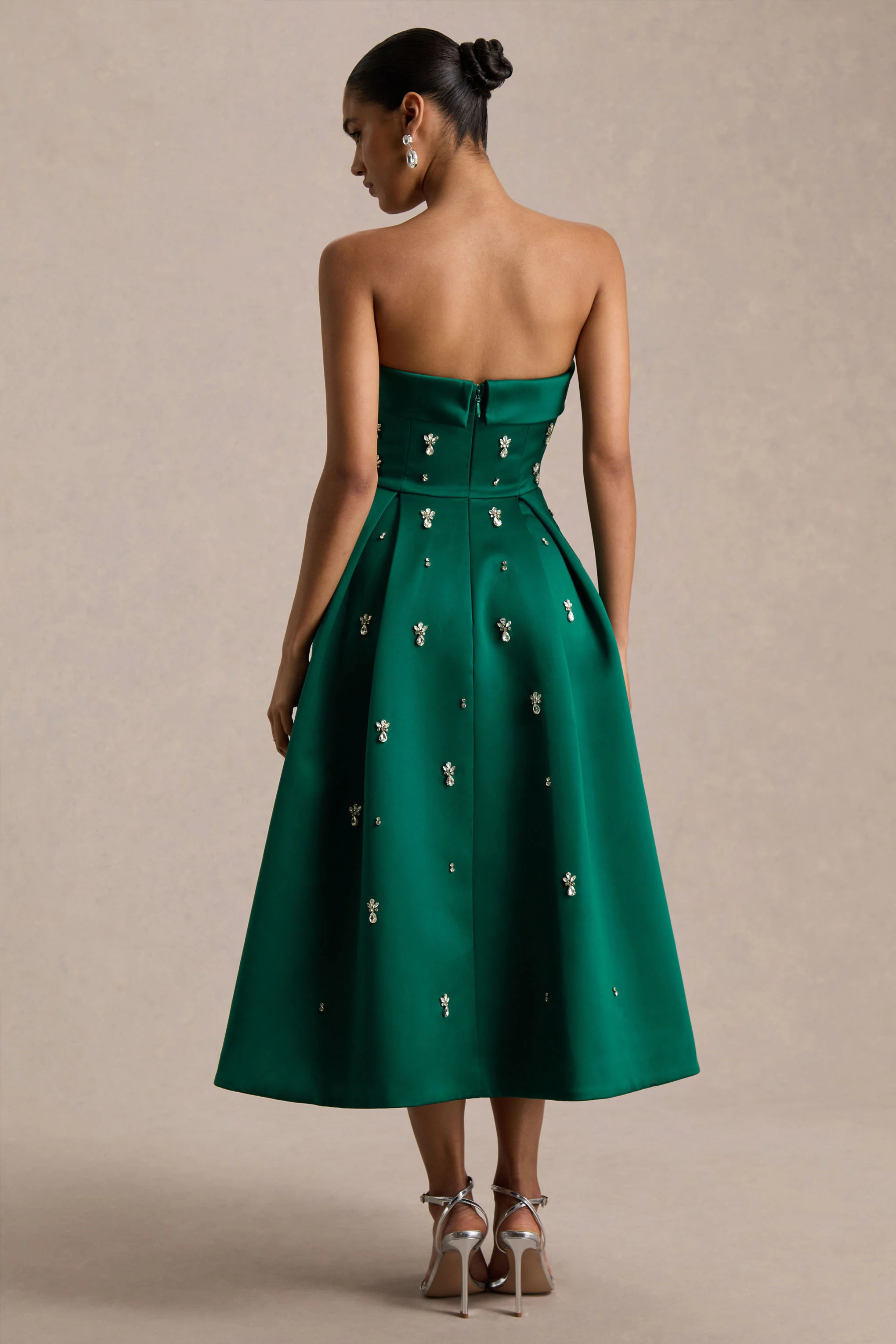 Sylvette | Dark Green Satin Embellished Bandeau Skater Midi Dress - Image 2