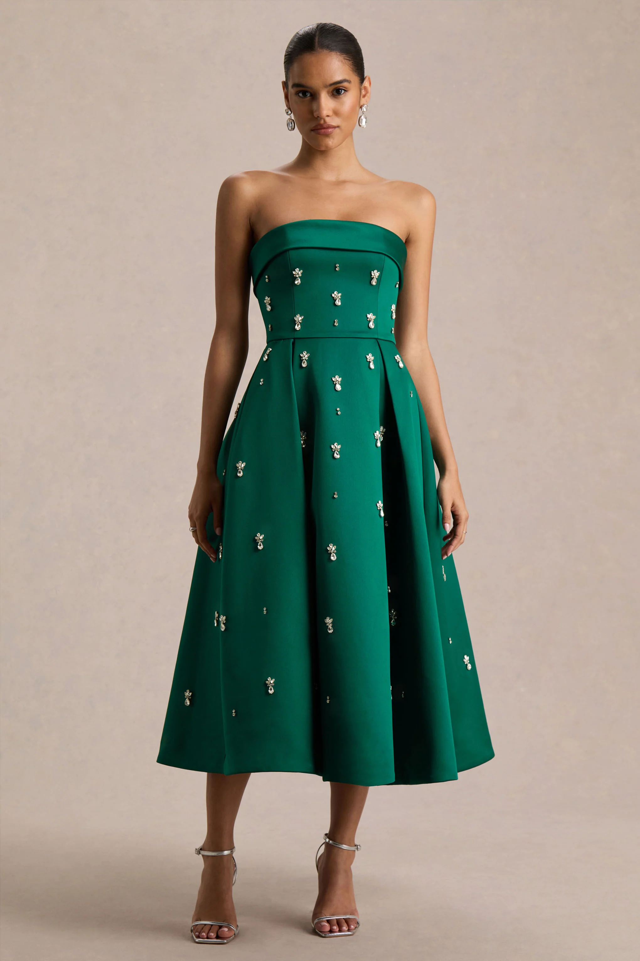 Sylvette | Dark Green Satin Embellished Bandeau Skater Midi Dress - Image 4