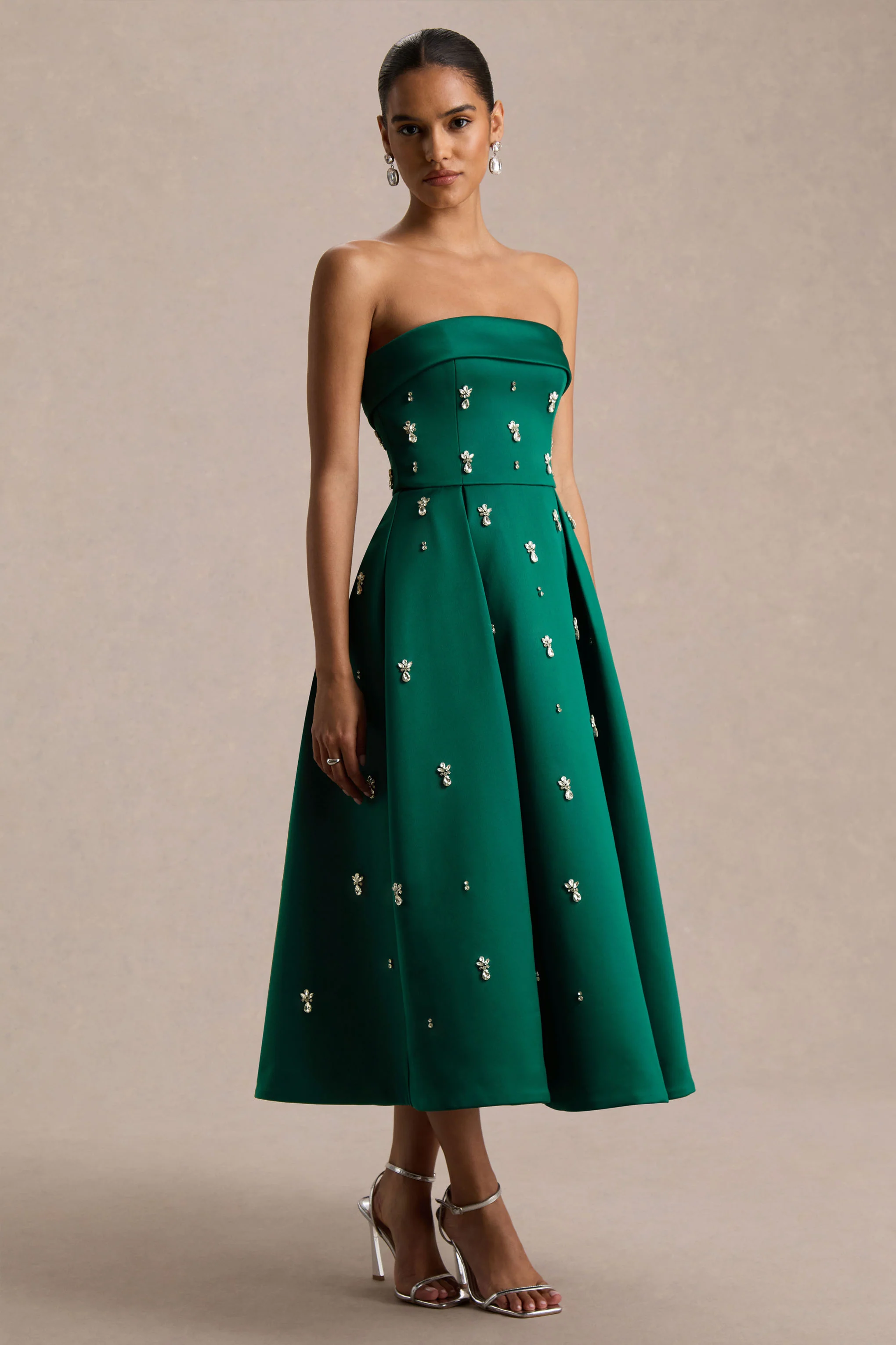 Sylvette | Dark Green Satin Embellished Bandeau Skater Midi Dress - Image 5