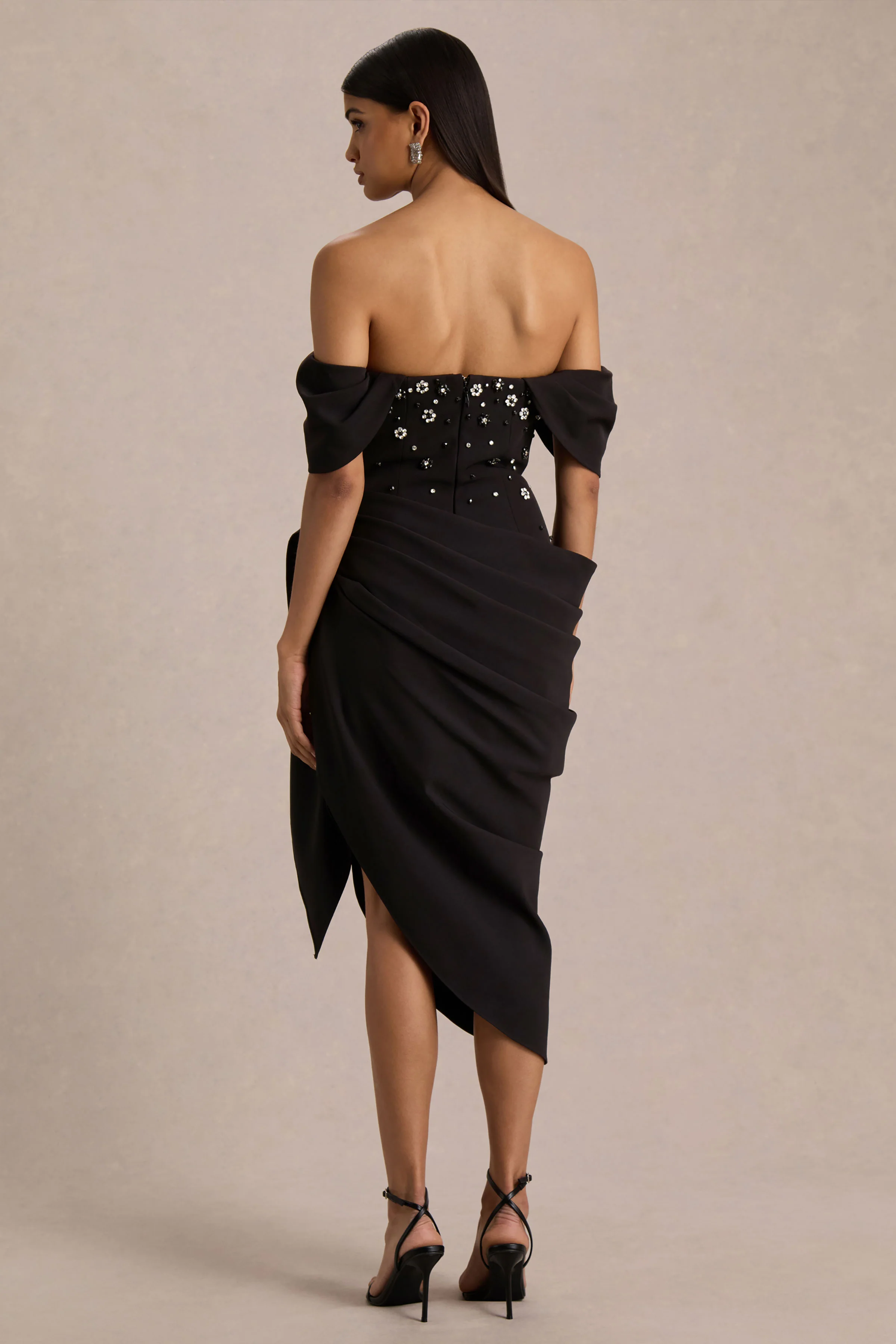 Sylvia | Black Hand-Embellished Bardot-Neck Midi Dress With Draped Satin-Wrap Skirt - Image 2