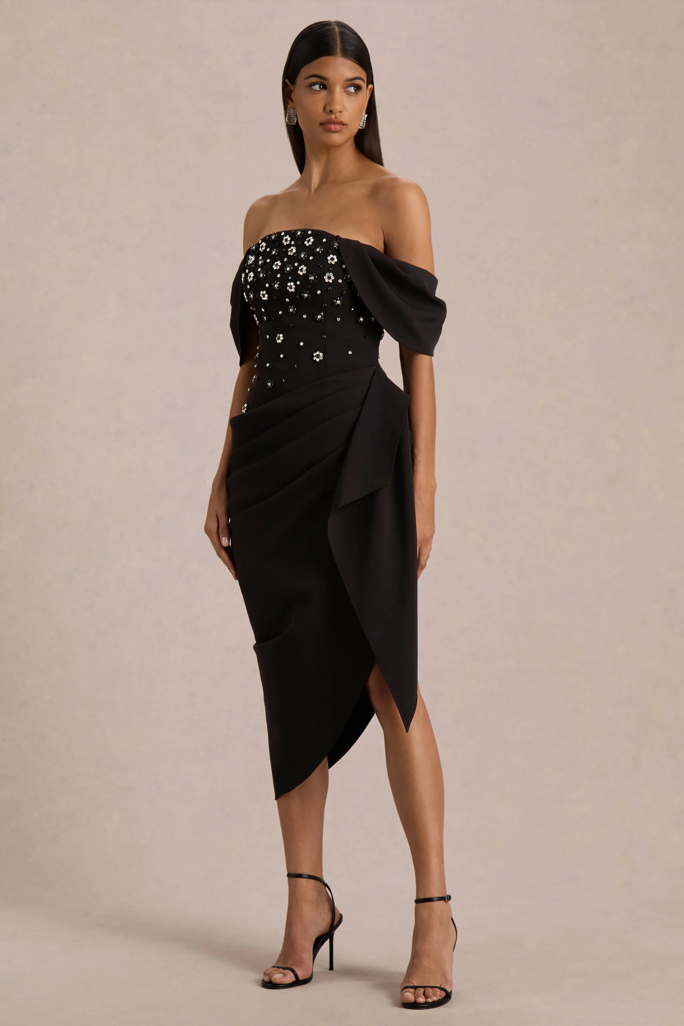 Sylvia | Black Hand-Embellished Bardot-Neck Midi Dress With Draped Satin-Wrap Skirt - Image 4