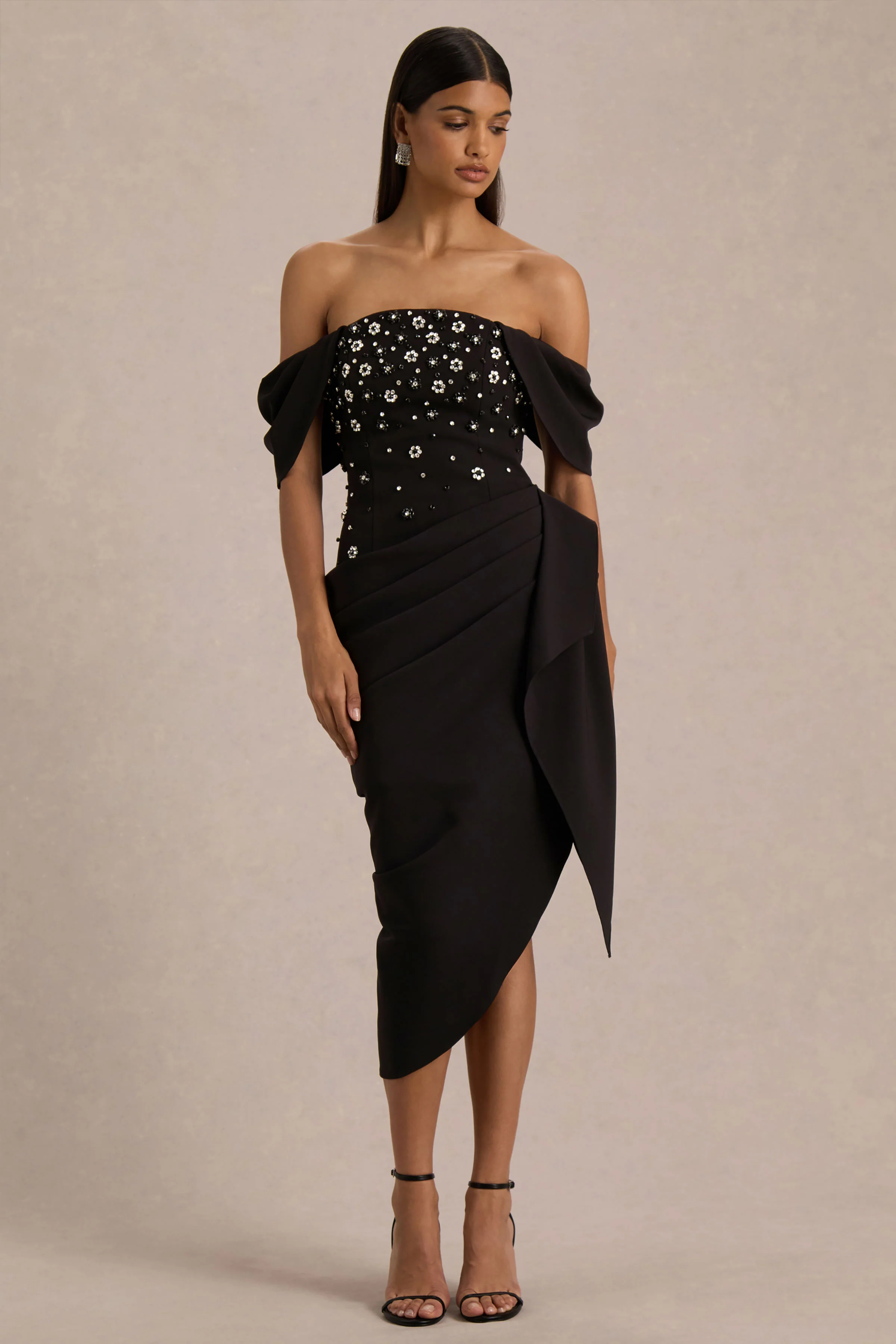 Sylvia | Black Hand-Embellished Bardot-Neck Midi Dress With Draped Satin-Wrap Skirt - Image 6