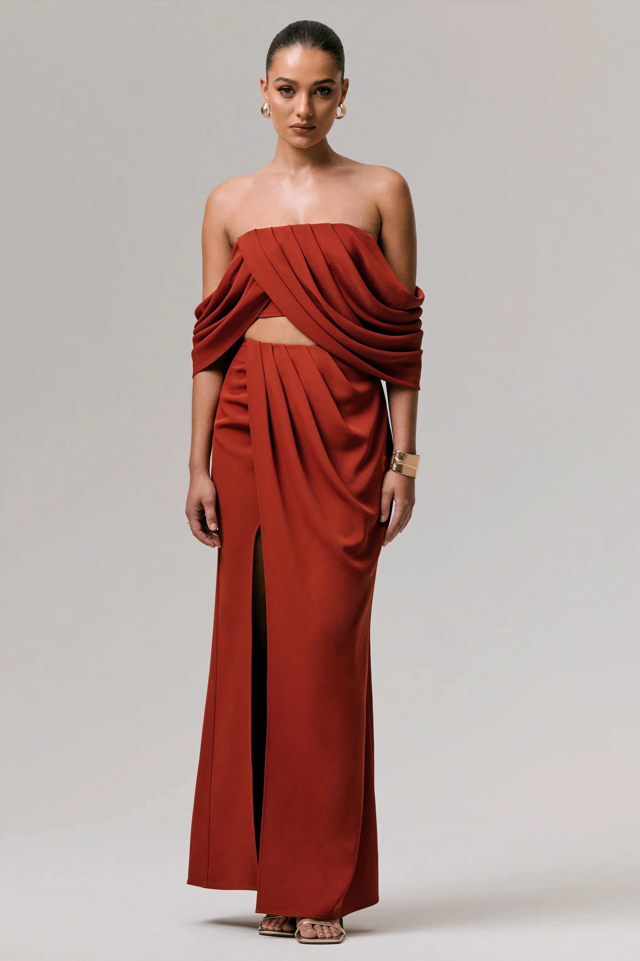 Talika | Terracotta Bardot Crop-Top With Draped Sleeves - Image 3