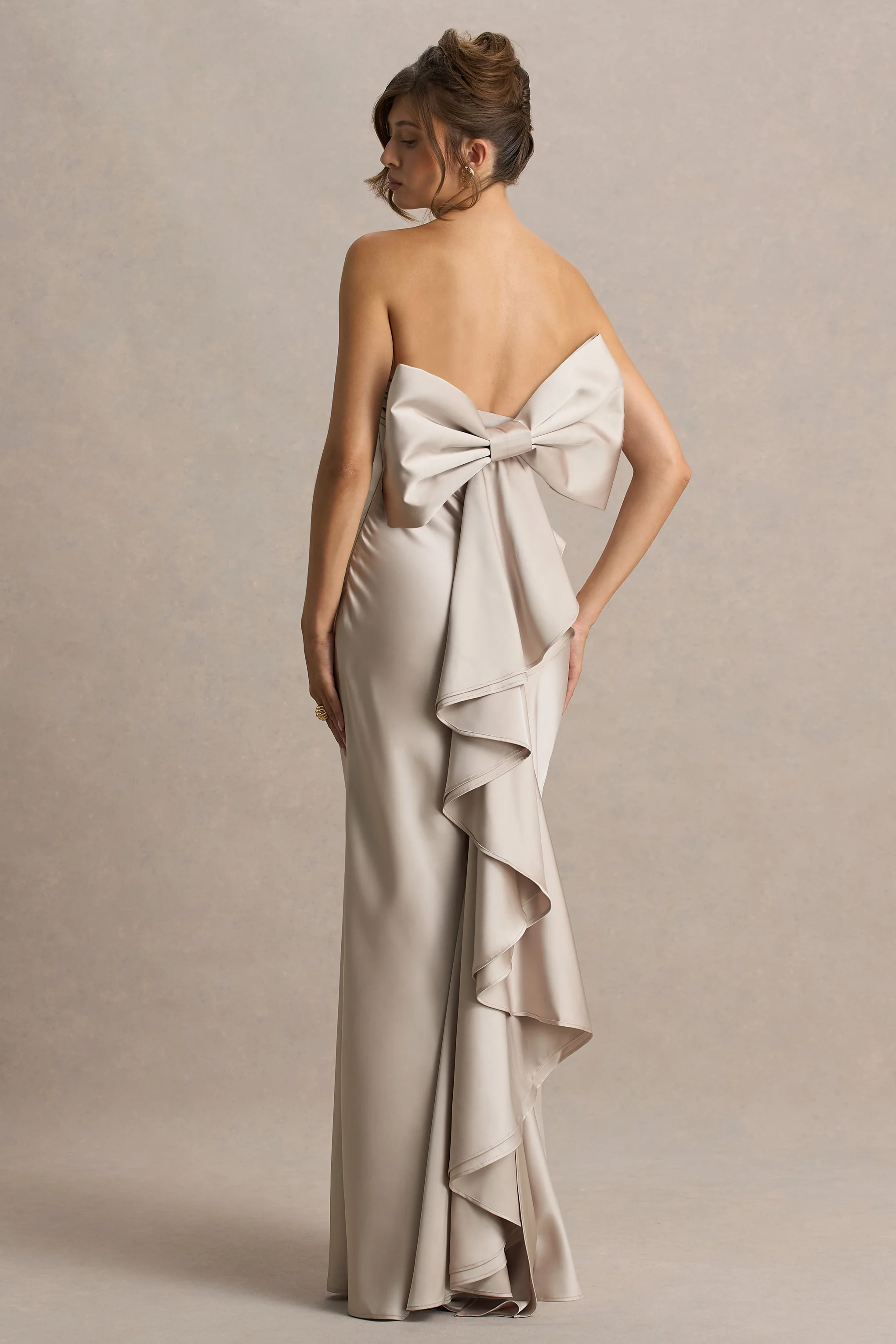 Talulla | Champagne Satin Bandeau Maxi Dress With Ruffled Detail - Image 3