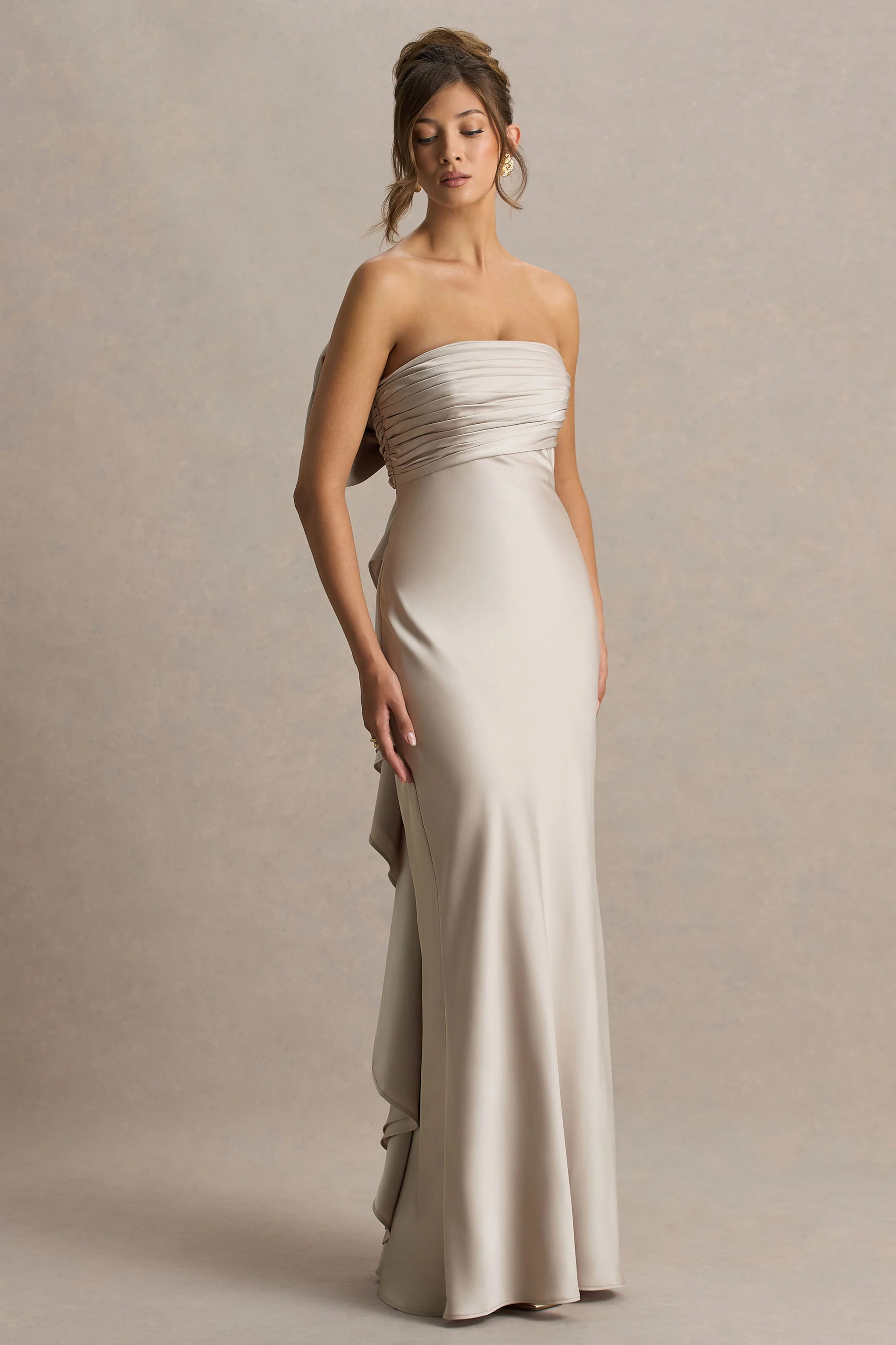 Talulla | Champagne Satin Bandeau Maxi Dress With Ruffled Detail - Image 4