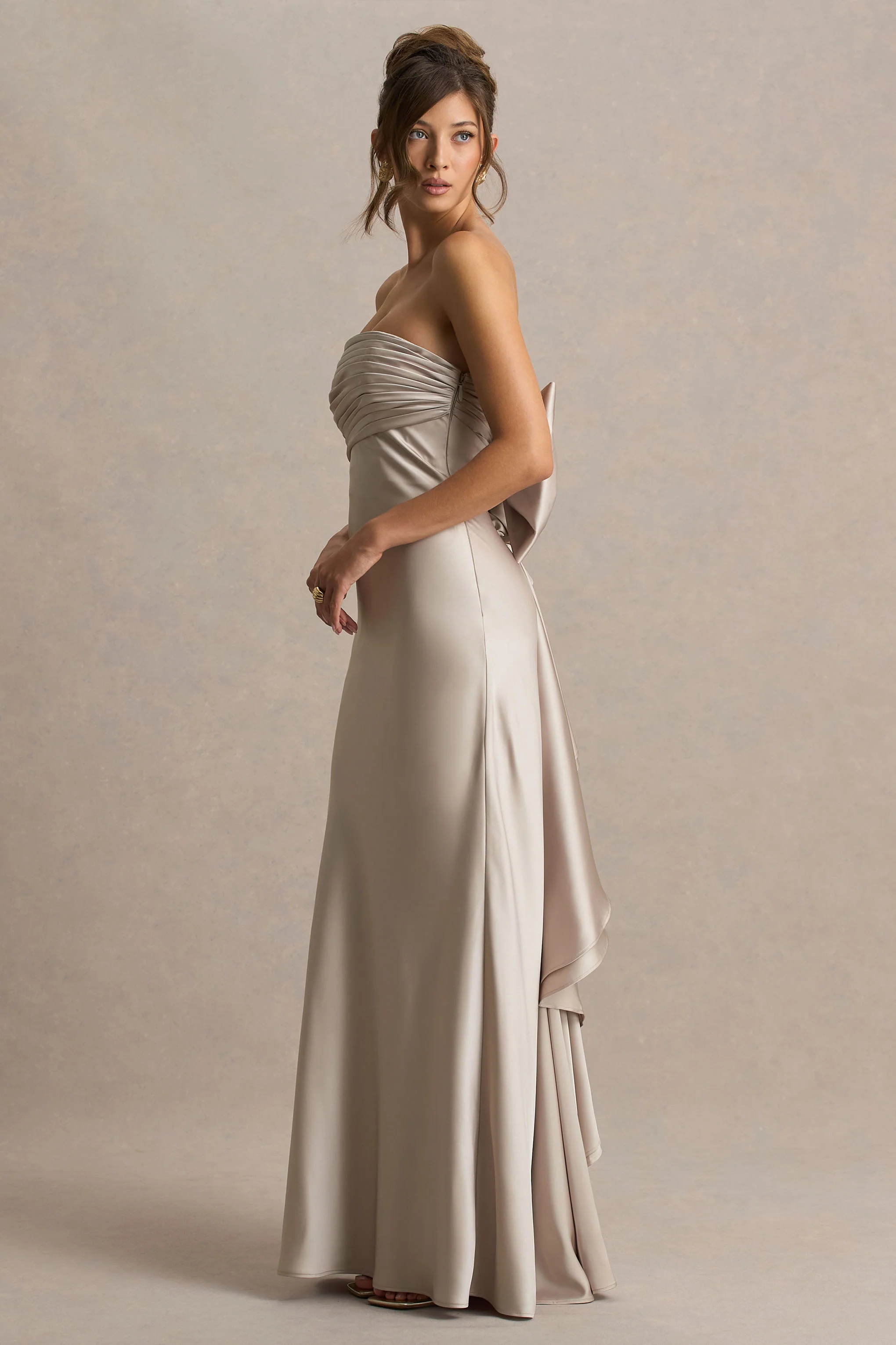 Talulla | Champagne Satin Bandeau Maxi Dress With Ruffled Detail - Image 7