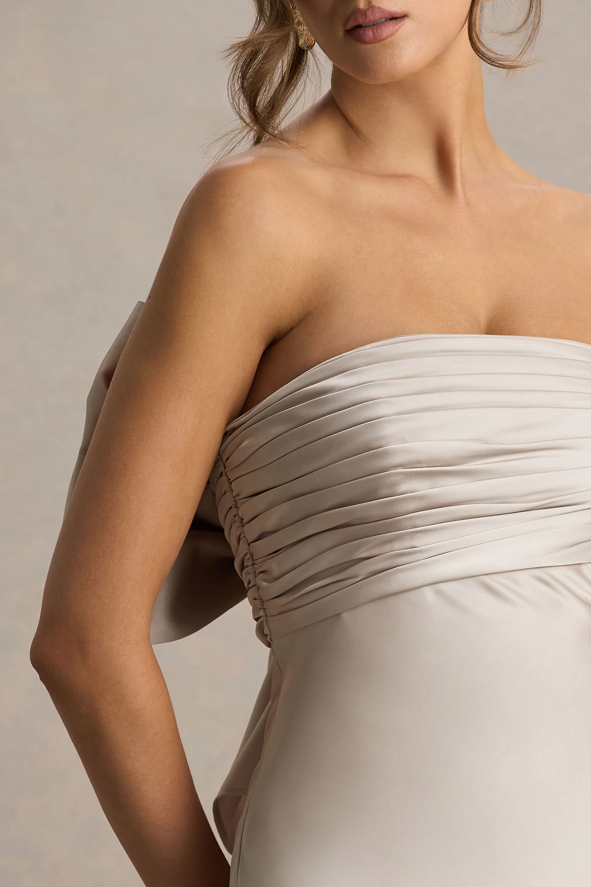 Talulla | Champagne Satin Bandeau Maxi Dress With Ruffled Detail - Image 9