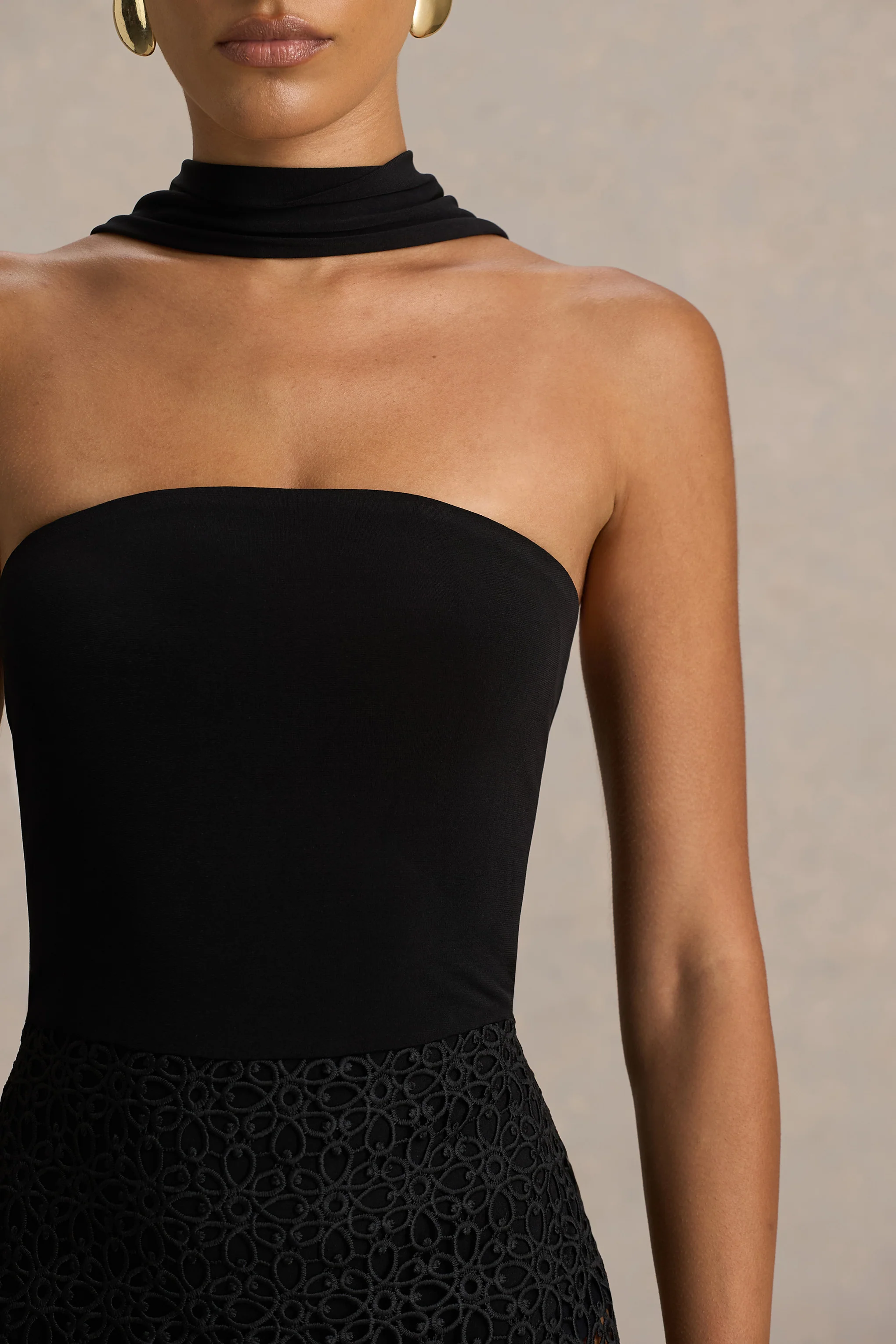 Tamala | Black High-Neck Midi Dress With Lace Skirt - Image 6