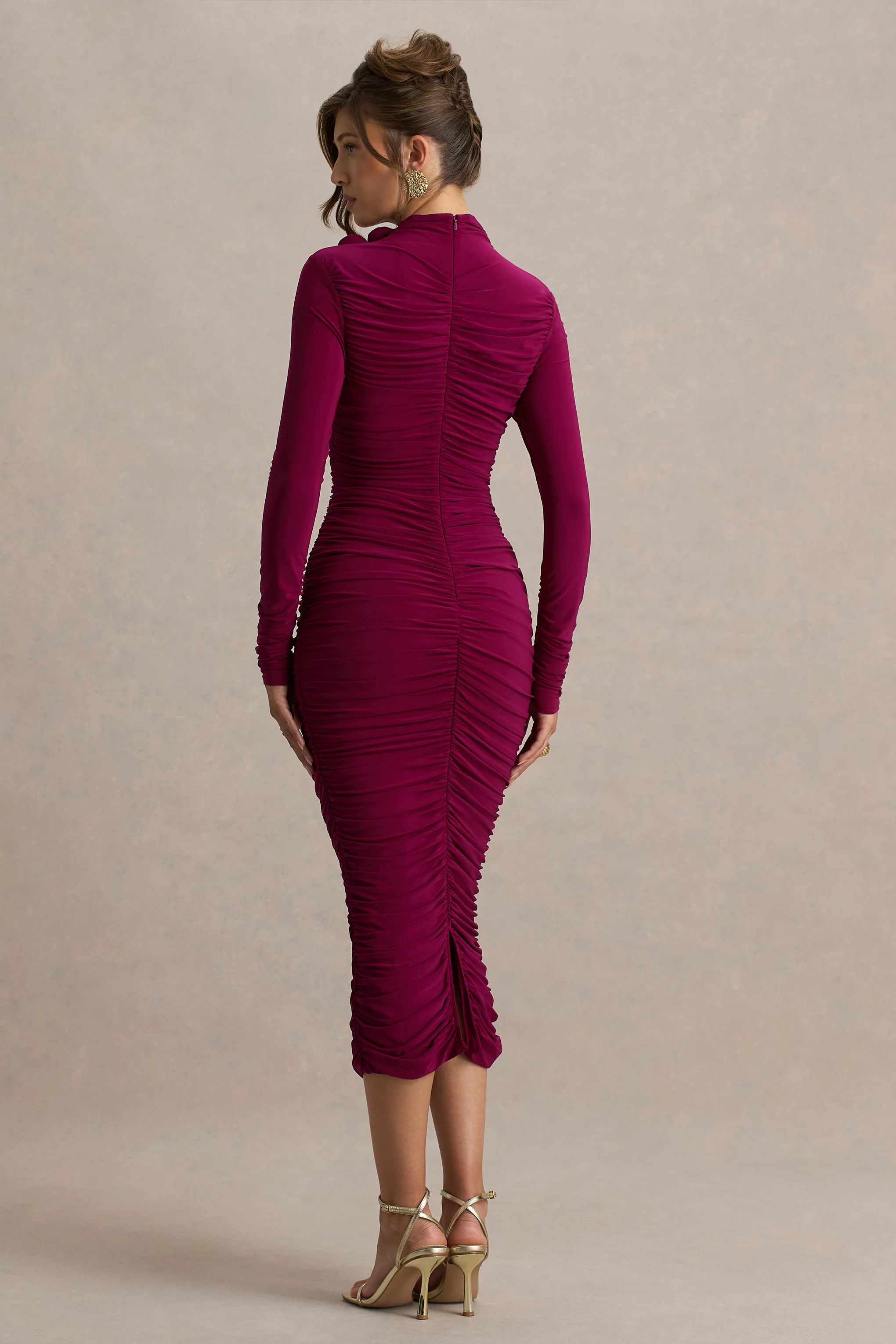 Tamara | Burgundy Long-Sleeve Ruched Midi Dress - Image 2