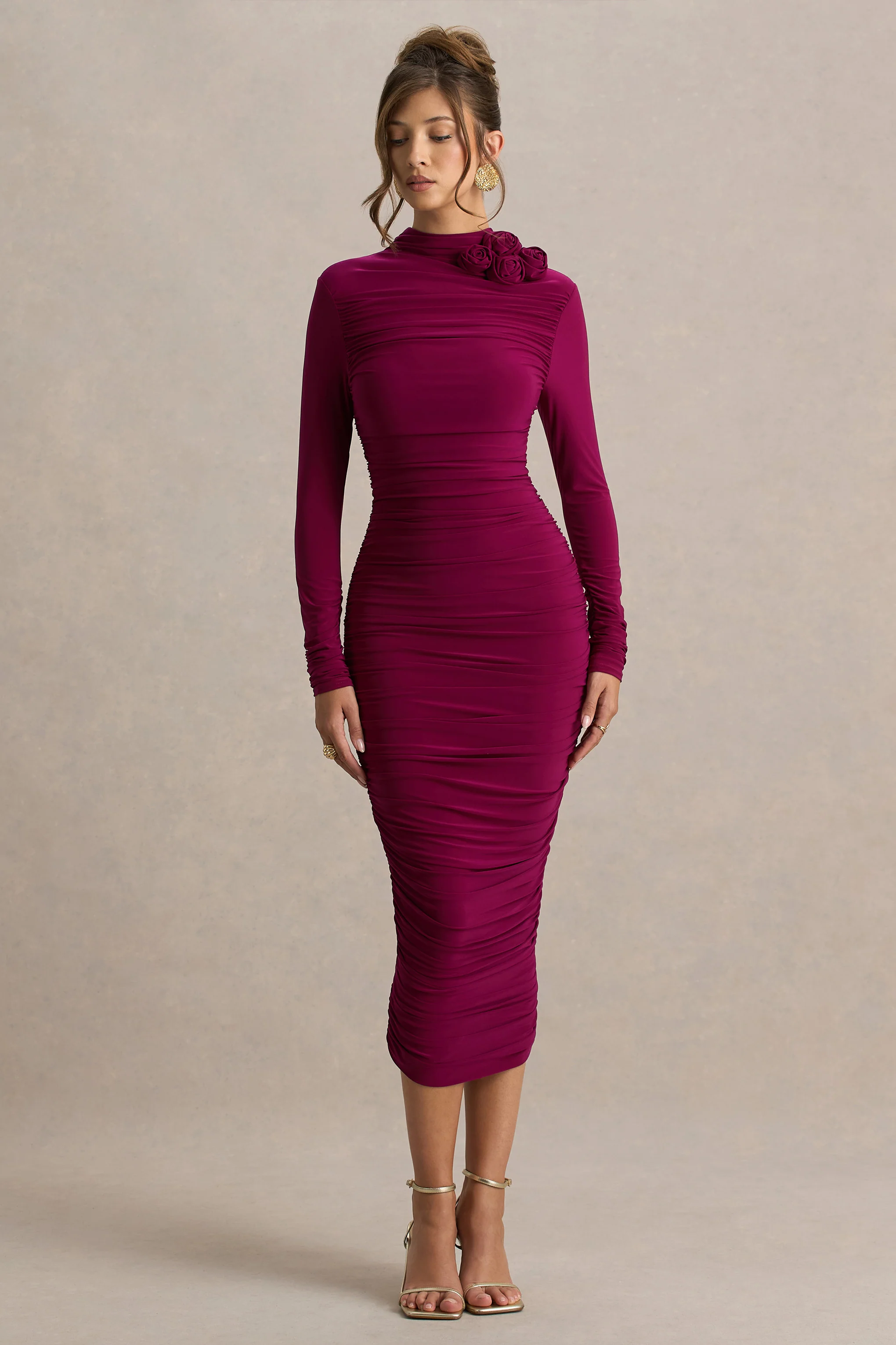 Tamara | Burgundy Long-Sleeve Ruched Midi Dress - Image 3