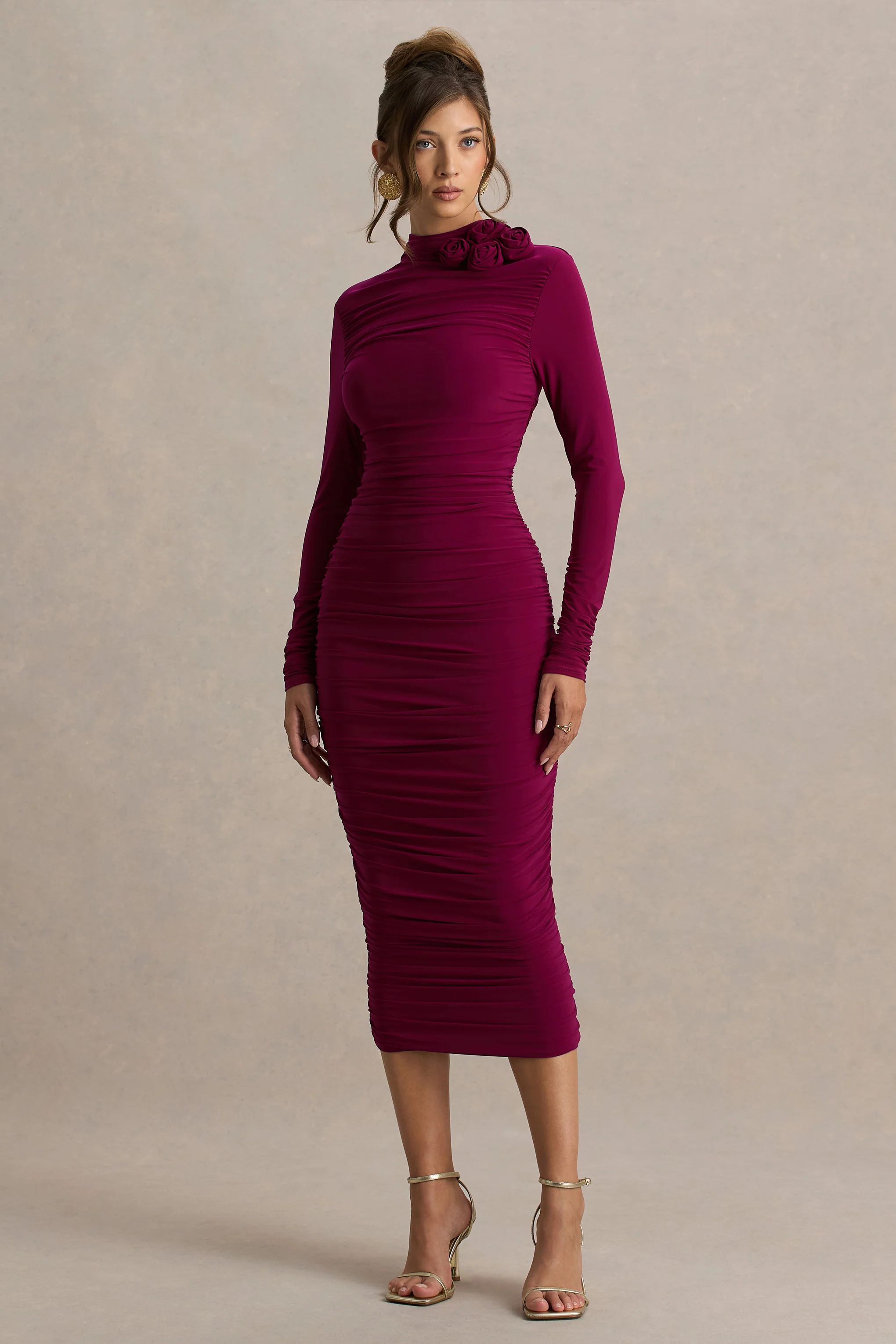 Tamara | Burgundy Long-Sleeve Ruched Midi Dress - Image 4