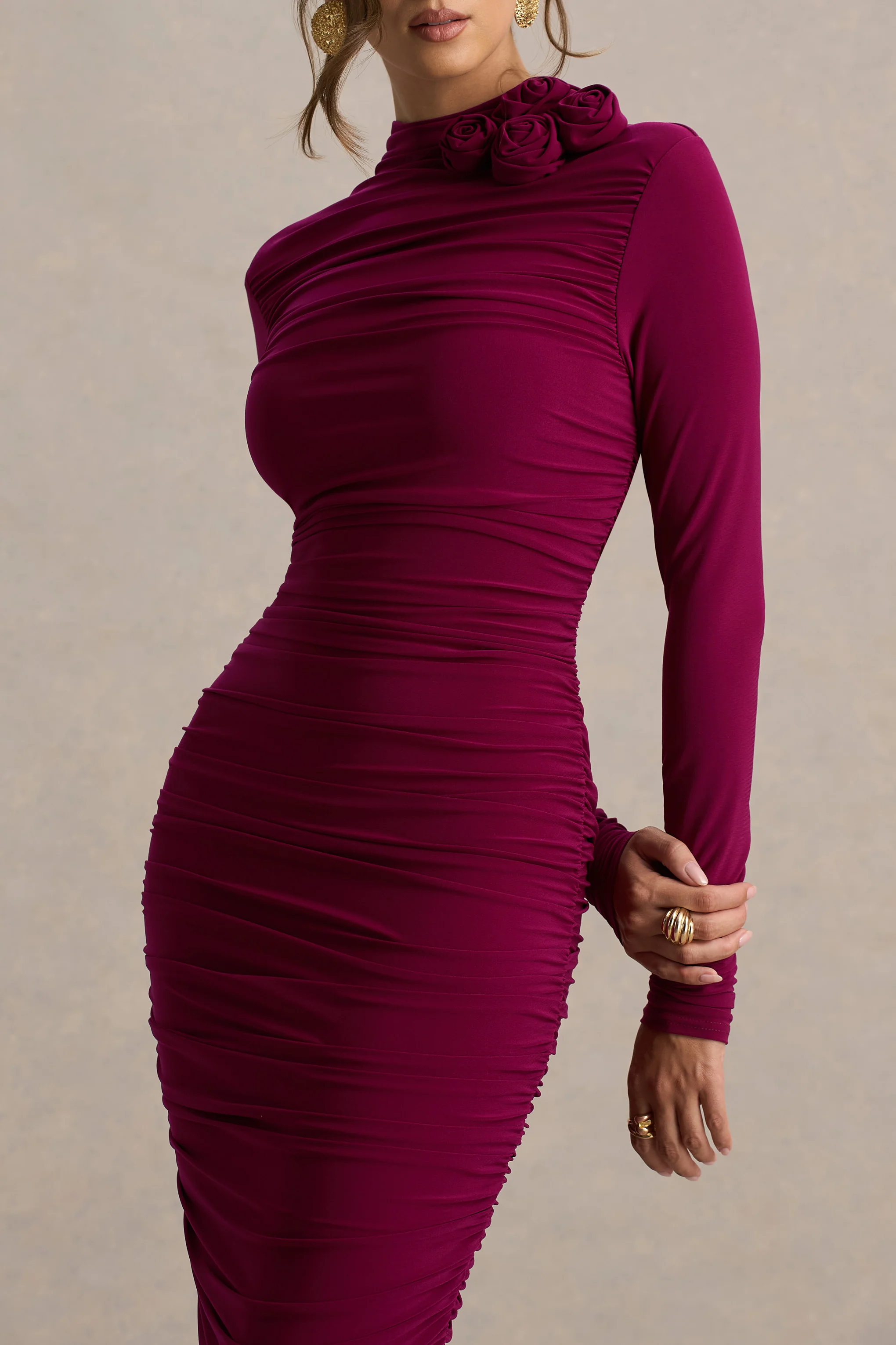 Tamara | Burgundy Long-Sleeve Ruched Midi Dress - Image 5