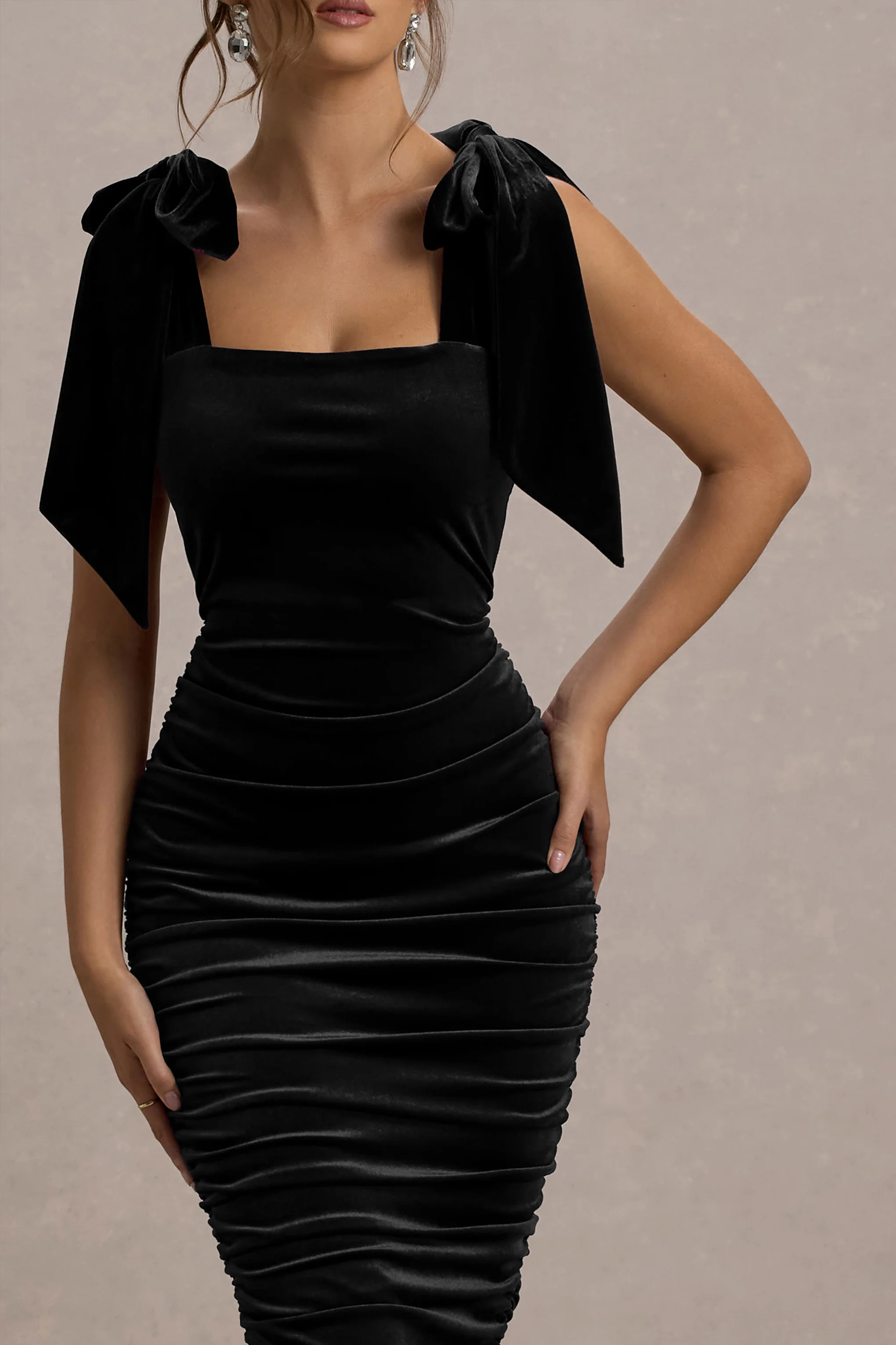 Tarna | Black Velvet Midi Dress With Bow Straps - Image 3