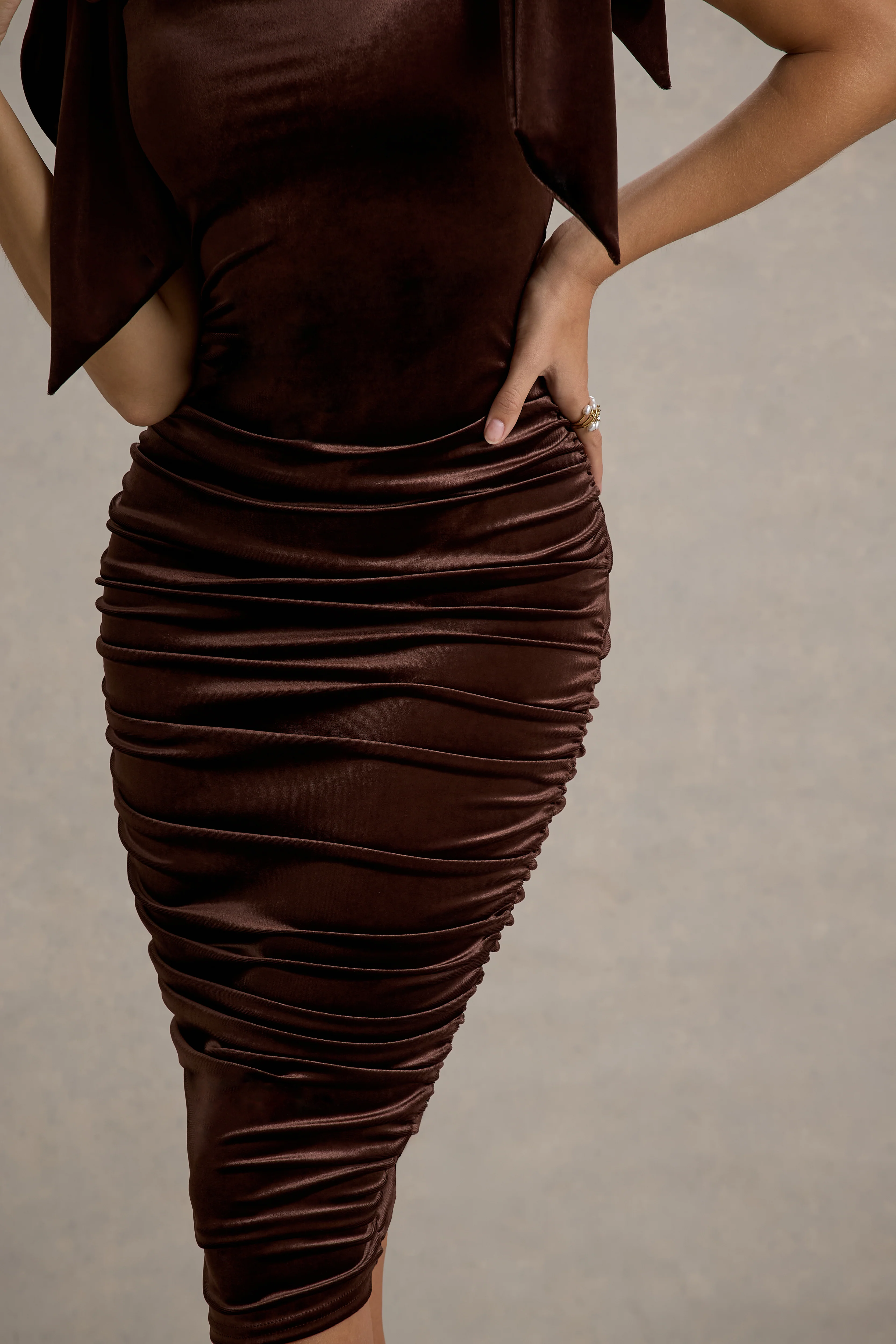 Tarna | Brown Velvet Midi Dress With Bow Straps - Image 6