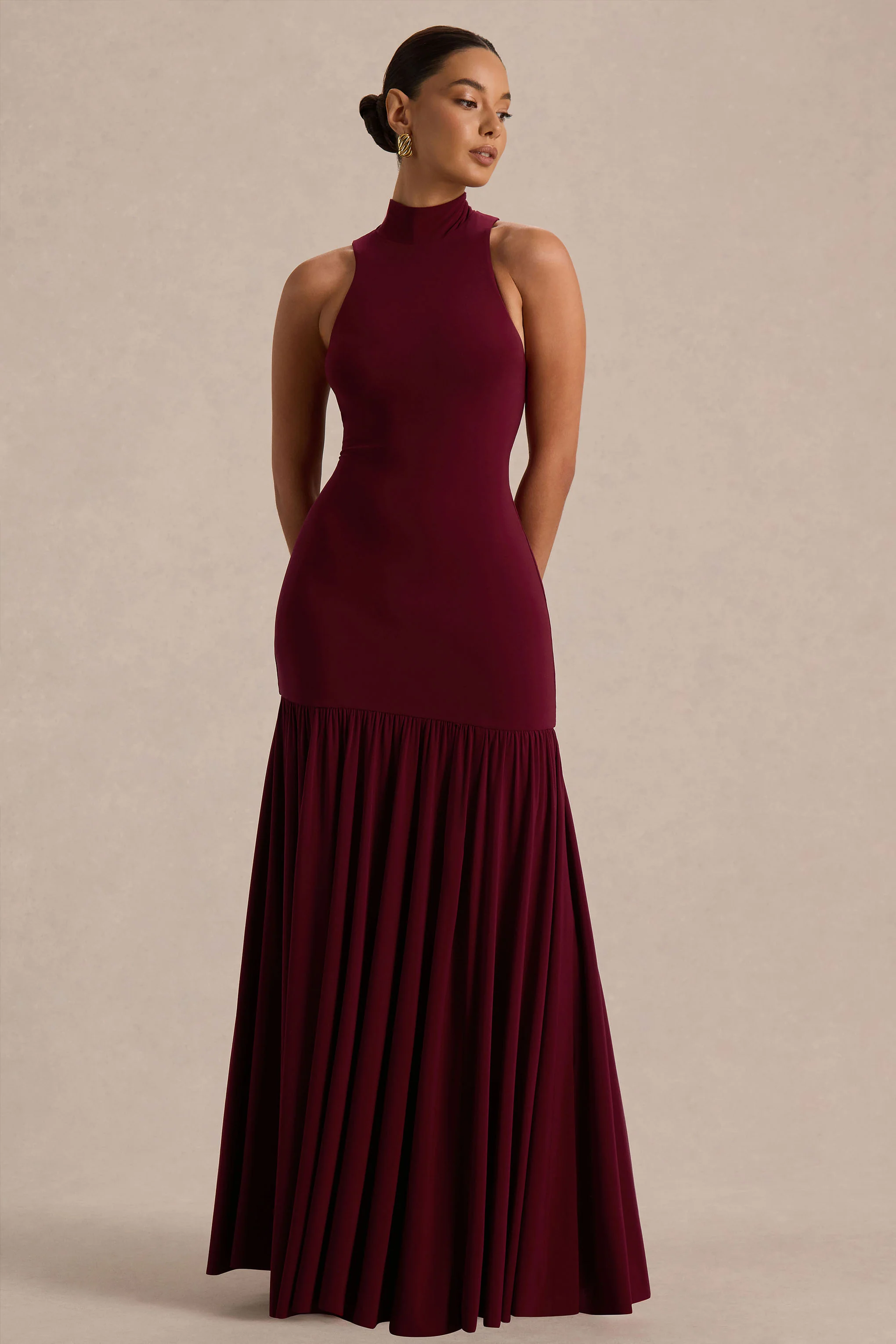 Tasmin | Burgundy High-Neck Maxi Dress With Drop-Waist - Image 5