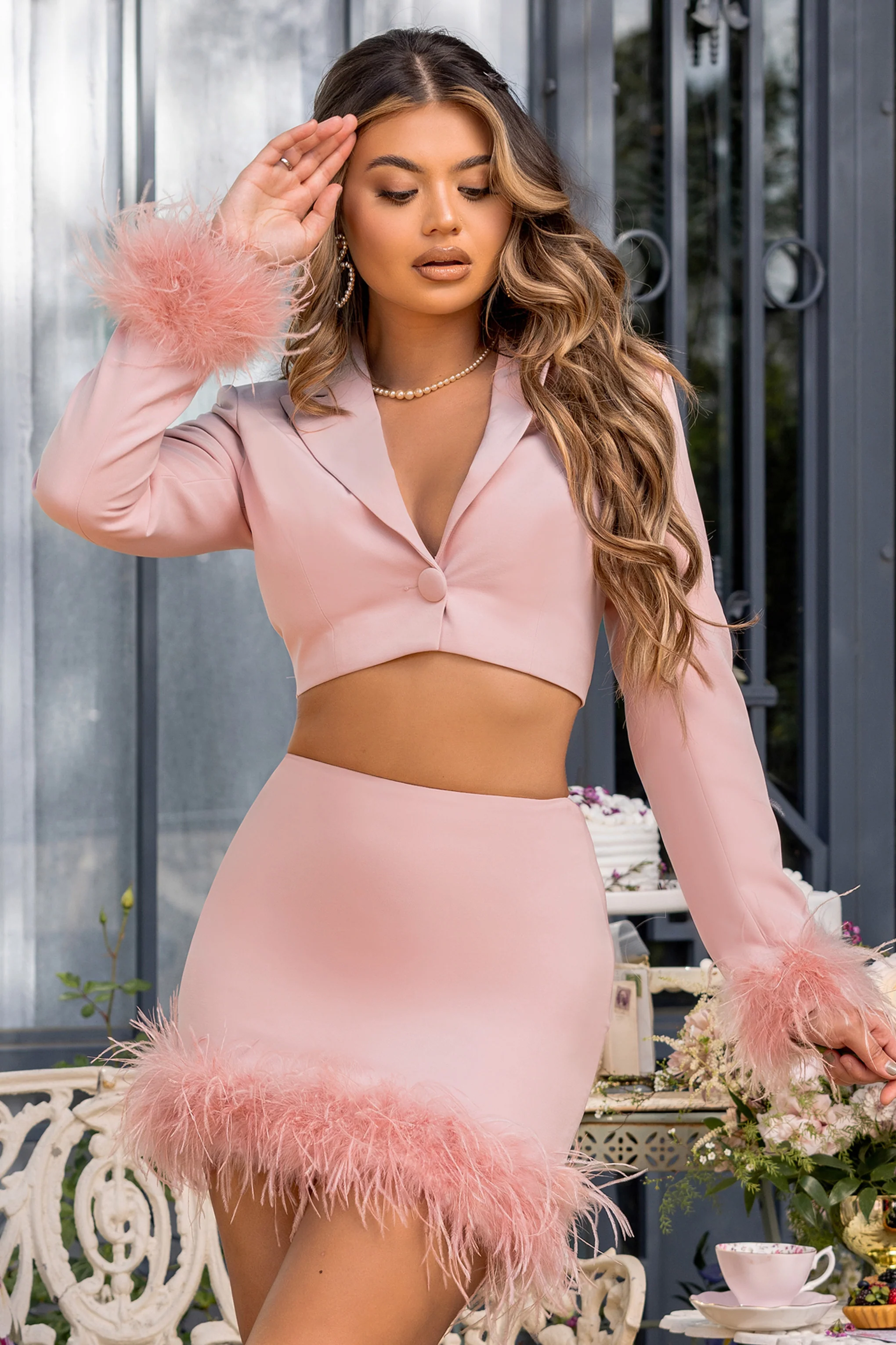 Tempting | Pink Cropped Blazer With Feather Trim On Sleeve Cuff - Image 3