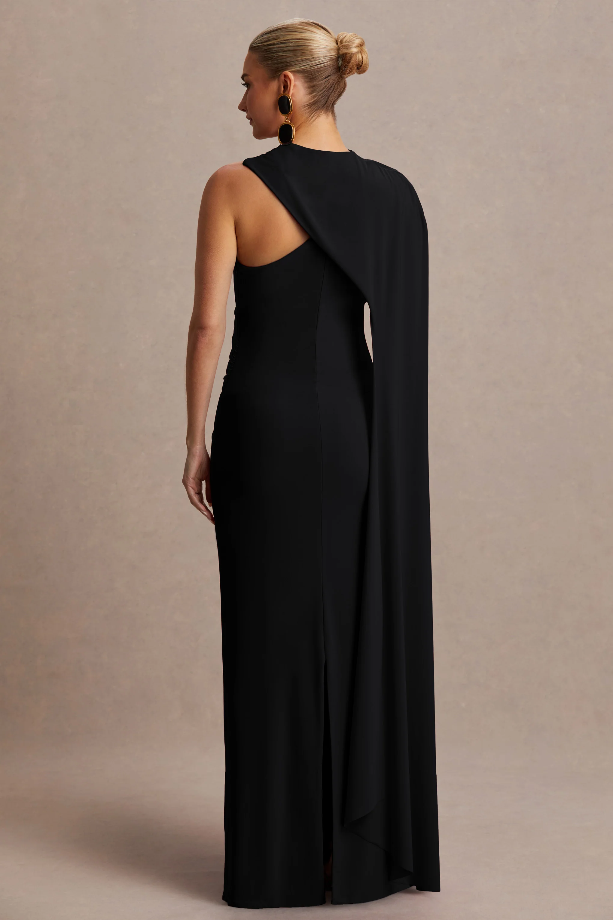 Tessy | Black Asymmetric-Neck Maternity Maxi Dress With Cape-Sleeve - Image 2