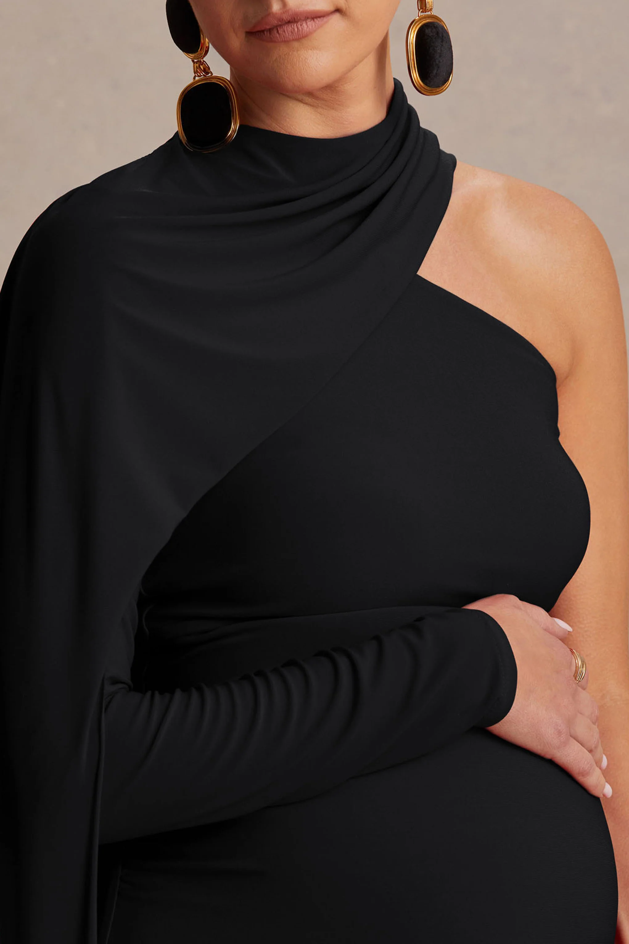 Tessy | Black Asymmetric-Neck Maternity Maxi Dress With Cape-Sleeve - Image 3