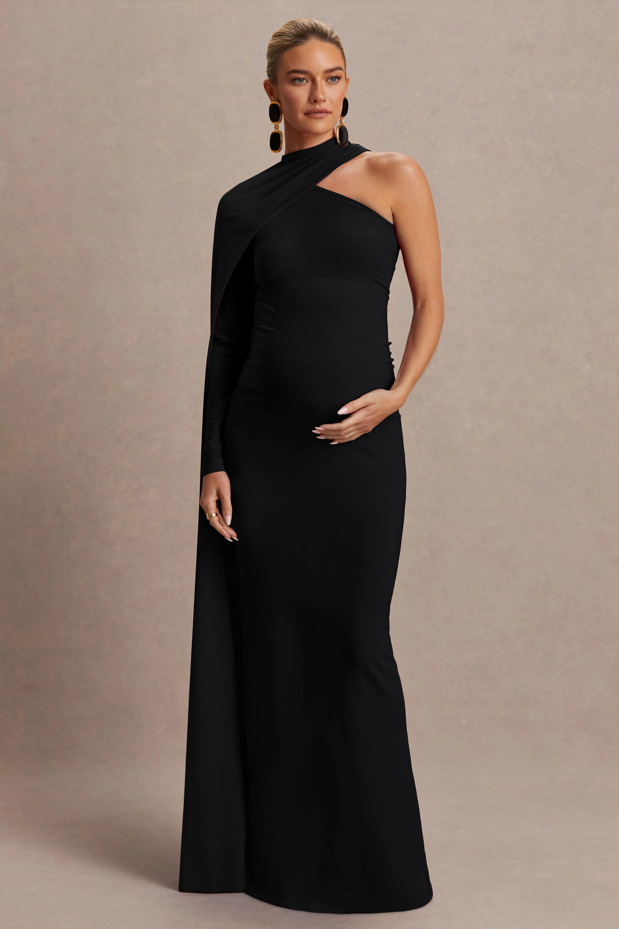Tessy | Black Asymmetric-Neck Maternity Maxi Dress With Cape-Sleeve - Image 4