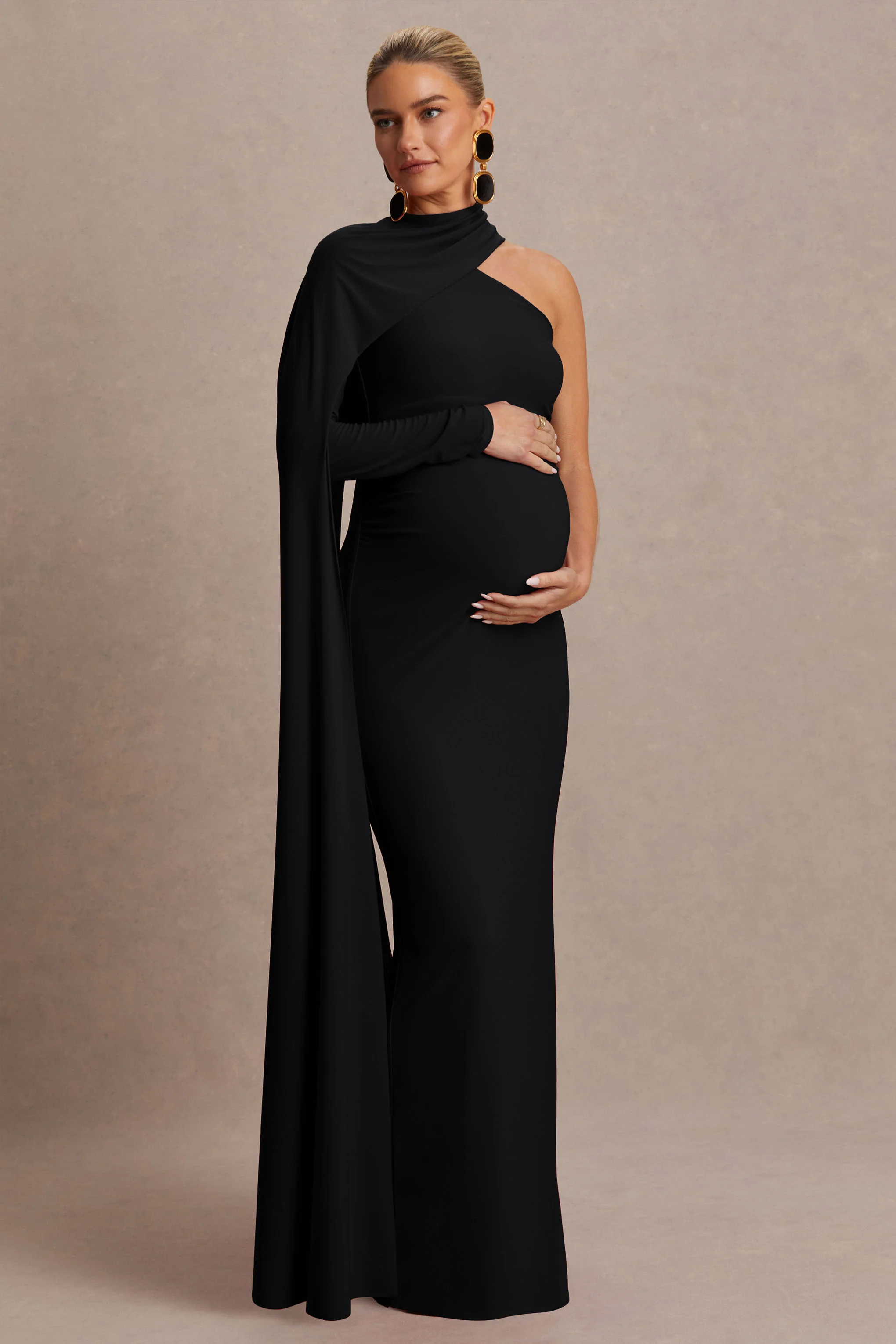 Tessy | Black Asymmetric-Neck Maternity Maxi Dress With Cape-Sleeve - Image 5