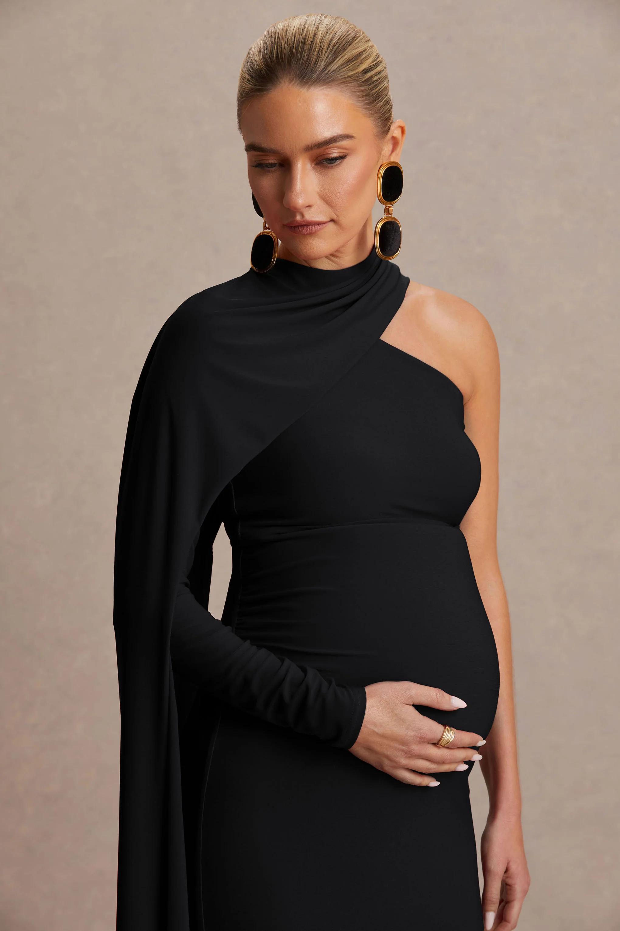 Tessy | Black Asymmetric-Neck Maternity Maxi Dress With Cape-Sleeve - Image 6