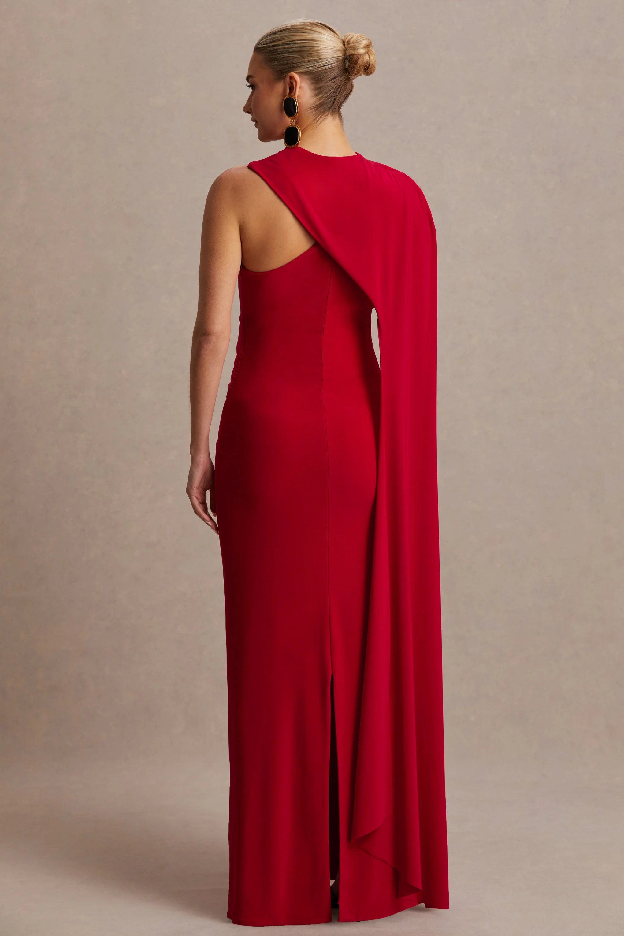 Tessy | Red Asymmetric-Neck Maternity Maxi Dress With Cape-Sleeve - Image 2