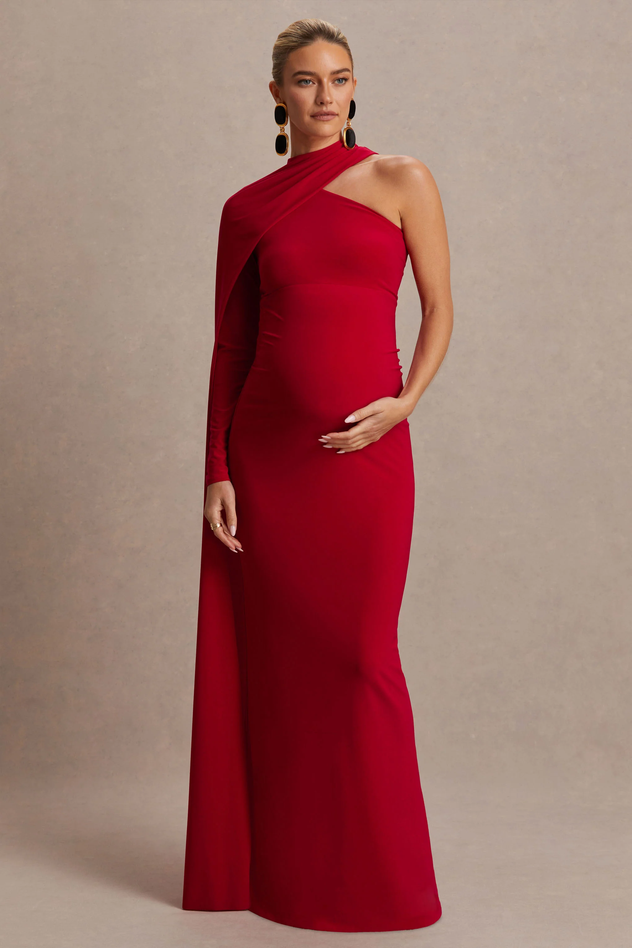 Tessy | Red Asymmetric-Neck Maternity Maxi Dress With Cape-Sleeve - Image 4