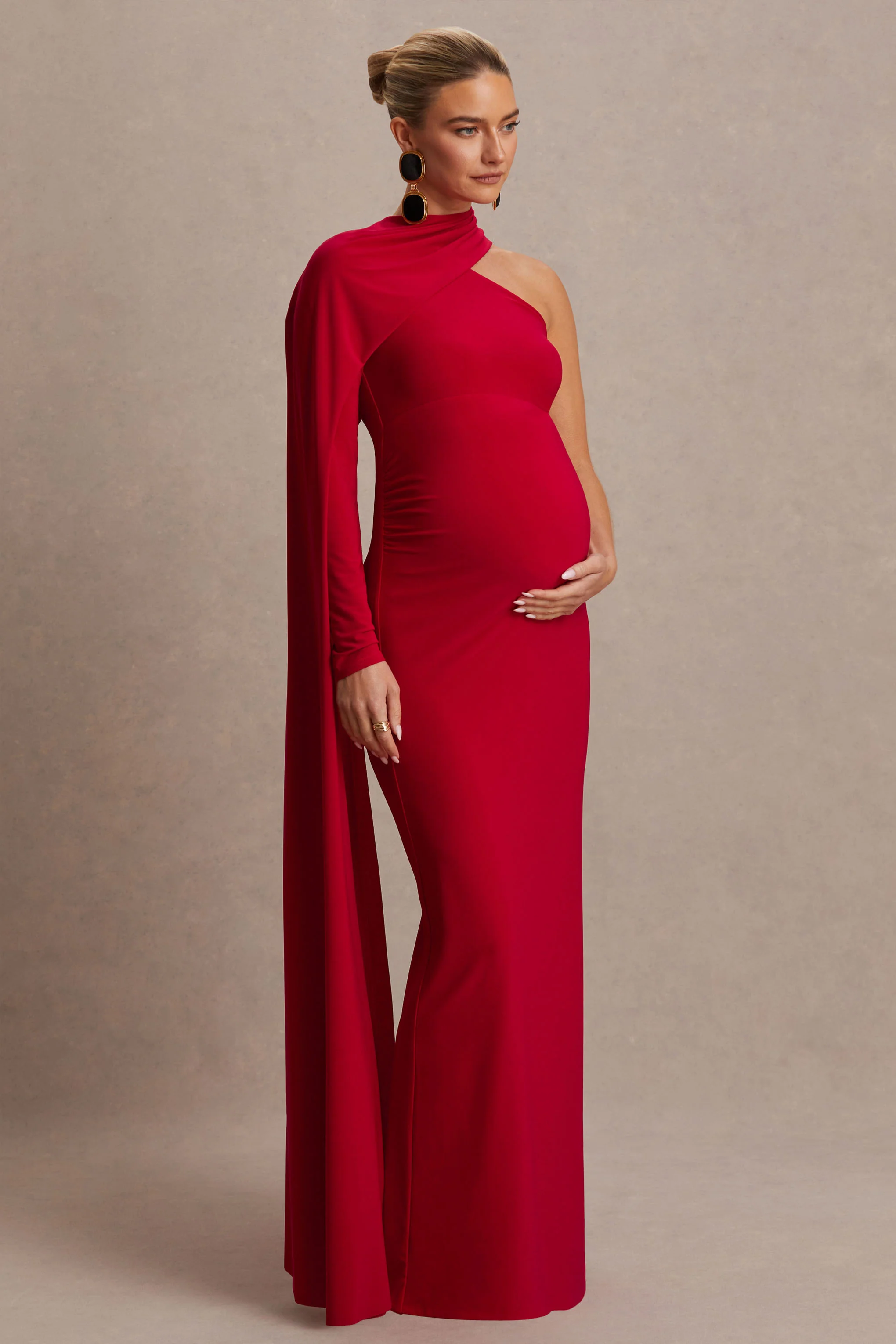 Tessy | Red Asymmetric-Neck Maternity Maxi Dress With Cape-Sleeve - Image 5