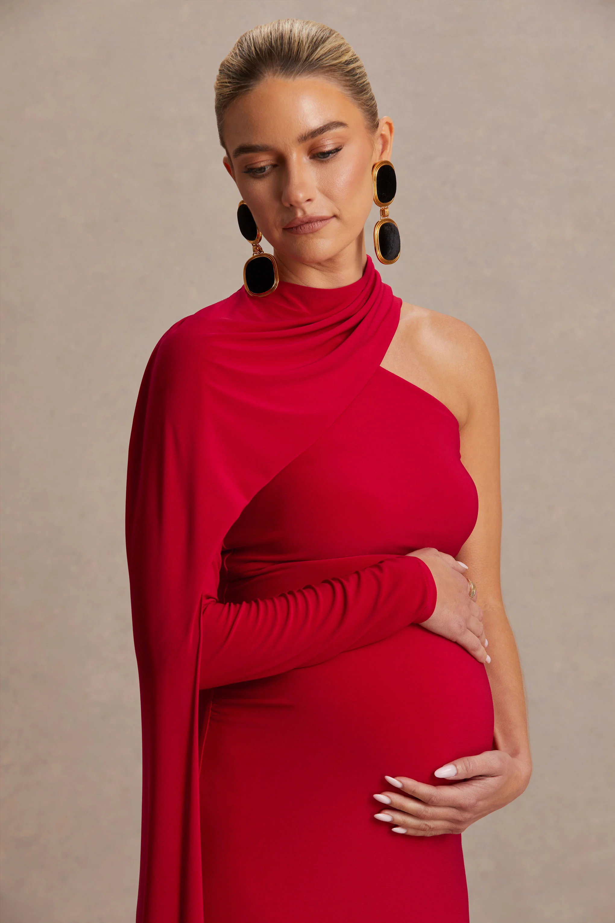 Tessy | Red Asymmetric-Neck Maternity Maxi Dress With Cape-Sleeve - Image 6