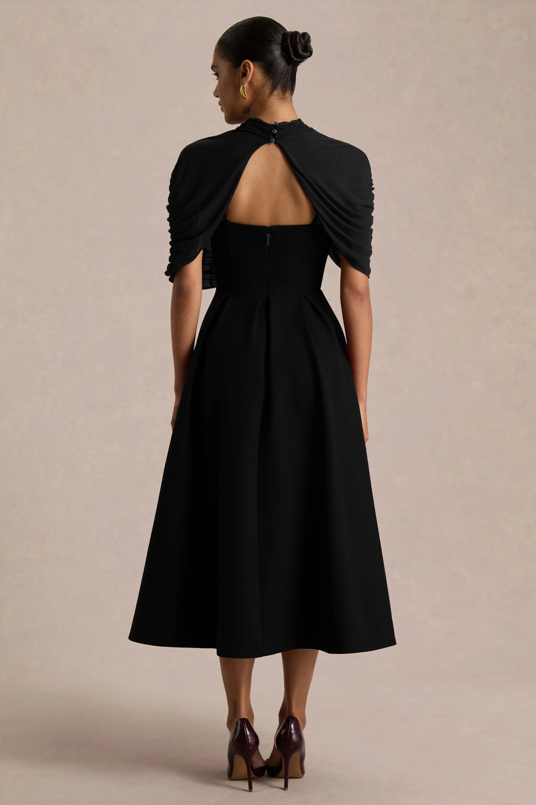 Thalia | Black High-Neck Midi Dress With Sheer Mesh Cape - Image 2