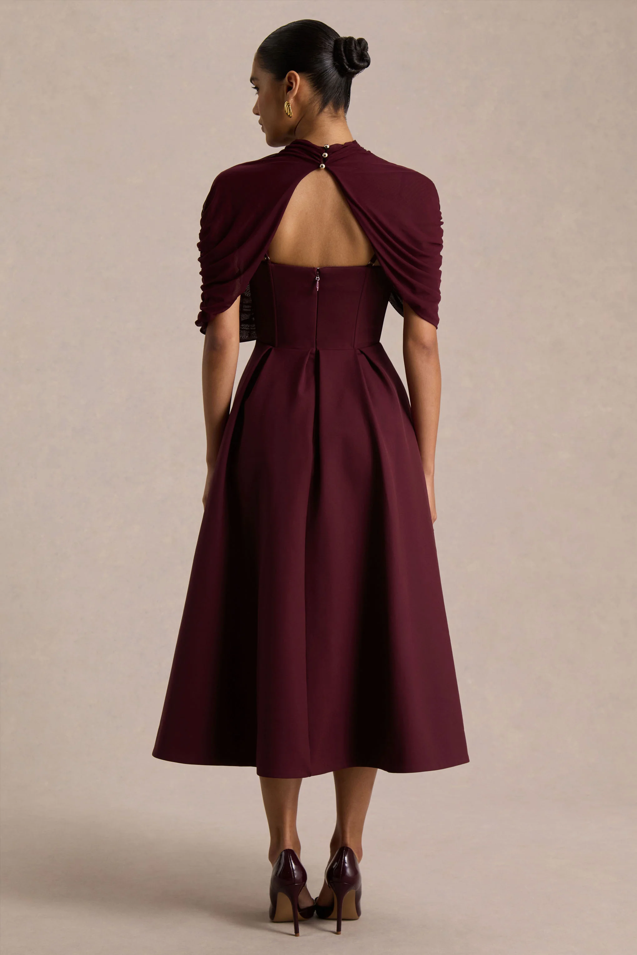 Thalia | Burgundy High-Neck Midi Dress With Sheer Mesh Cape - Image 2